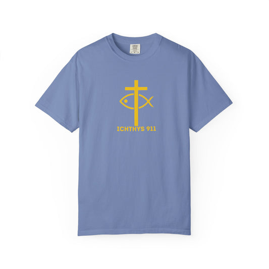 ICHTHYS 911 Gold Font "Faith, Hope, & Love" - Unisex Garment Dyed T-Shirt - 100# US Cotton - Men T-Shirt - Women T-Shirt - Christian T- Shirt -Faith-Inspired Shirt - Christian Fashion - Wear Your Faith