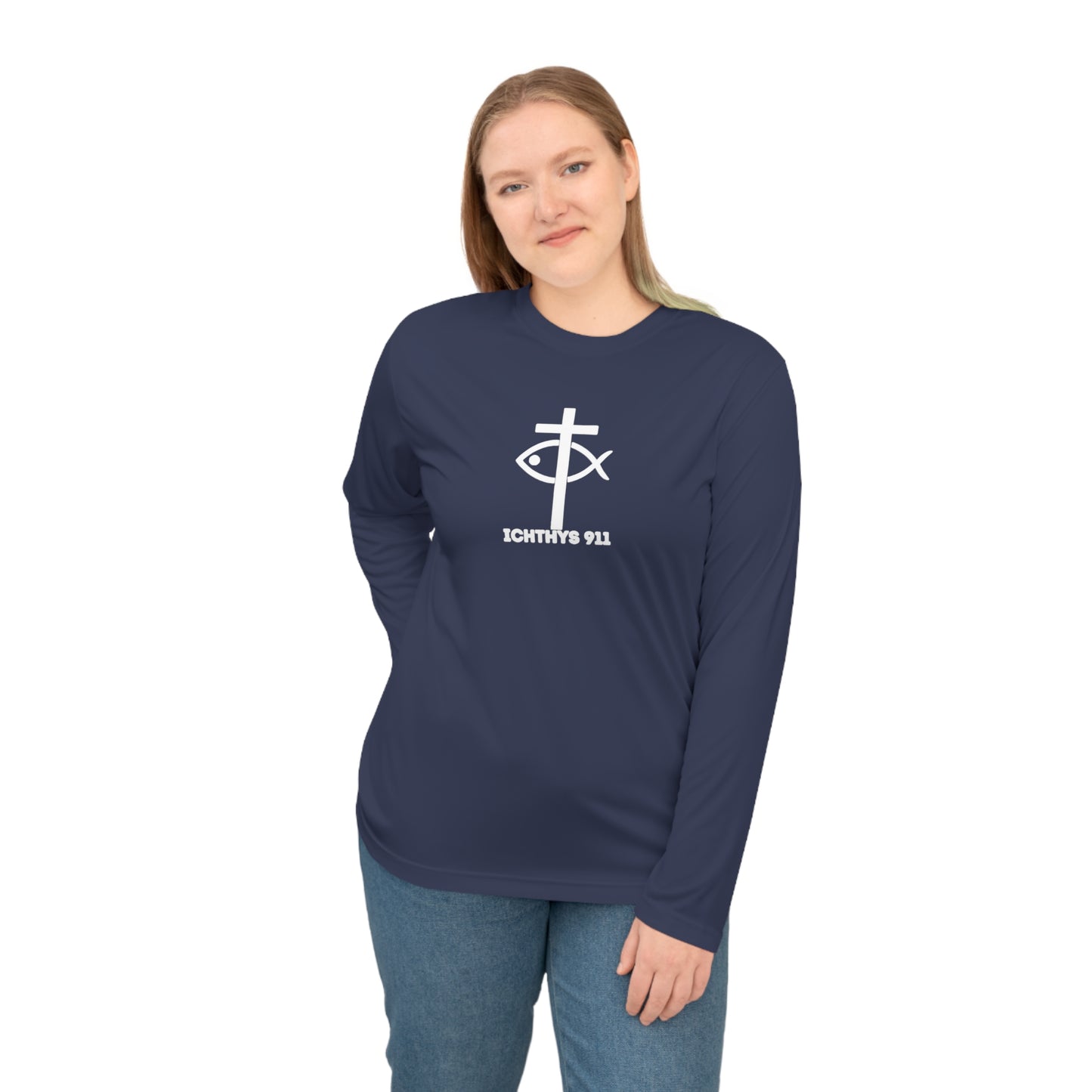 ICHTHYS 911 "Faith & Strength" White Font - Unisex Performance Long Sleeve Shirt - Christian Activewear - Men - Women -100% Moisture-Wicking Poly