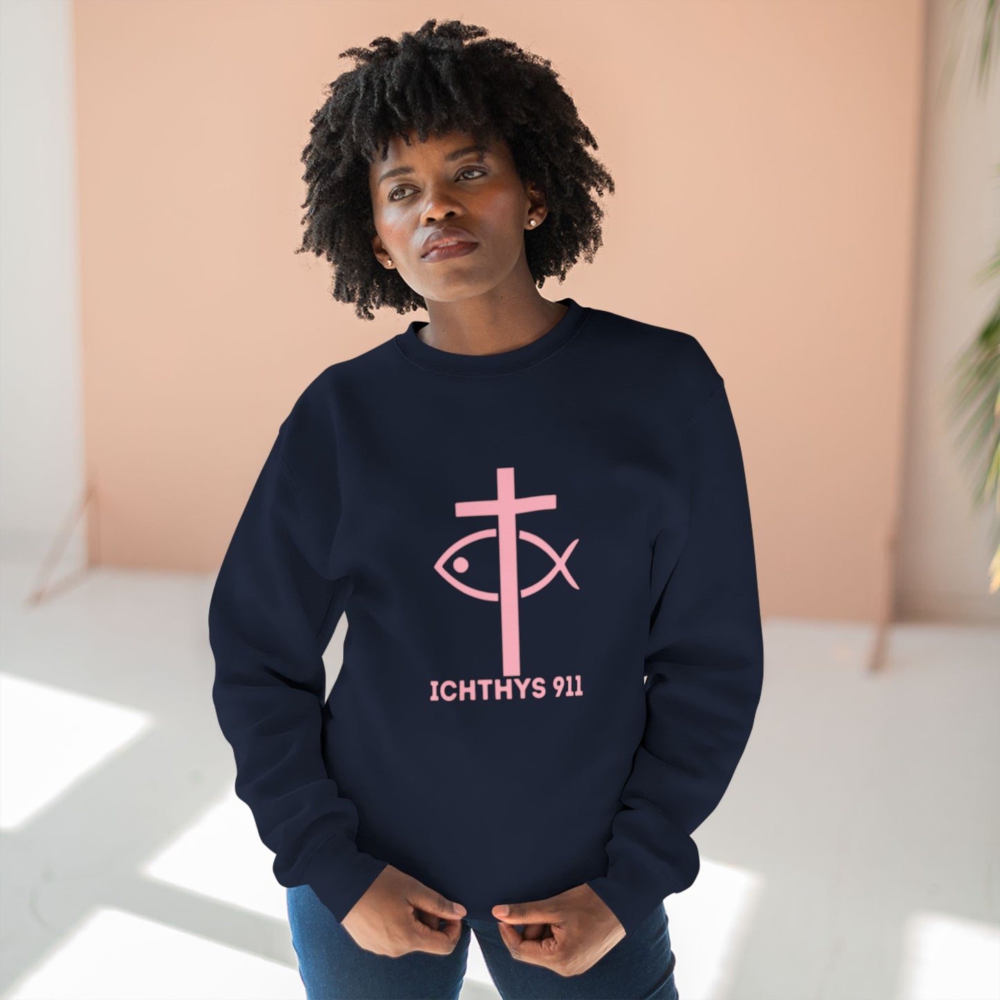 ICHTHYS 911 Minimal Pink Cross Crewneck Sweatshirt — Unisex -