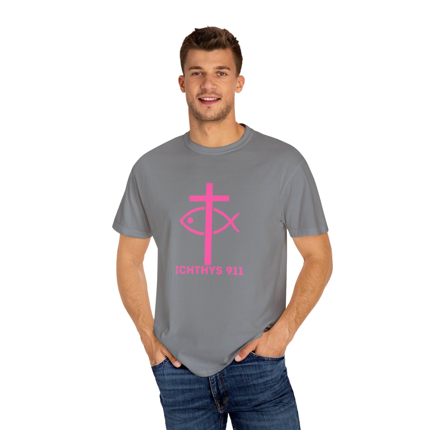 ICHTHYS 911 - Authentic - W/O IC 911 on Back Christian Streetwear T-Shirt – Jesus Gym & Faith Fashion, Unisex Garment-Dyed T-Shirt Hot Pink Font