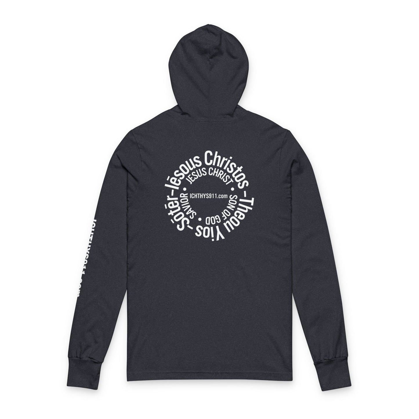 Iēsous Christos, Theou Yios, Sōtēr = Jesus Christ, Son of God, Savior - Unisex - Hooded long Sleeve T - ICHTHYS 911