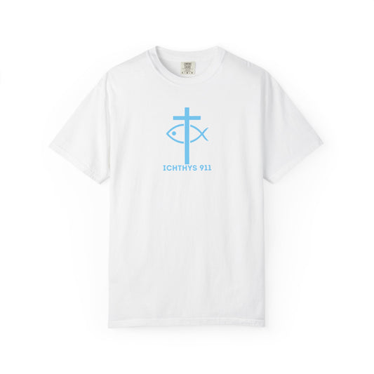 Jesus Christ Son of God Savior - Blue Font - Christian Streetwear T-Shirt – Jesus Gym & Faith Fashion, Unisex Garment-Dyed T-Shirt, ICHTHYS911, Men T-Shirt, Women T-Shirt