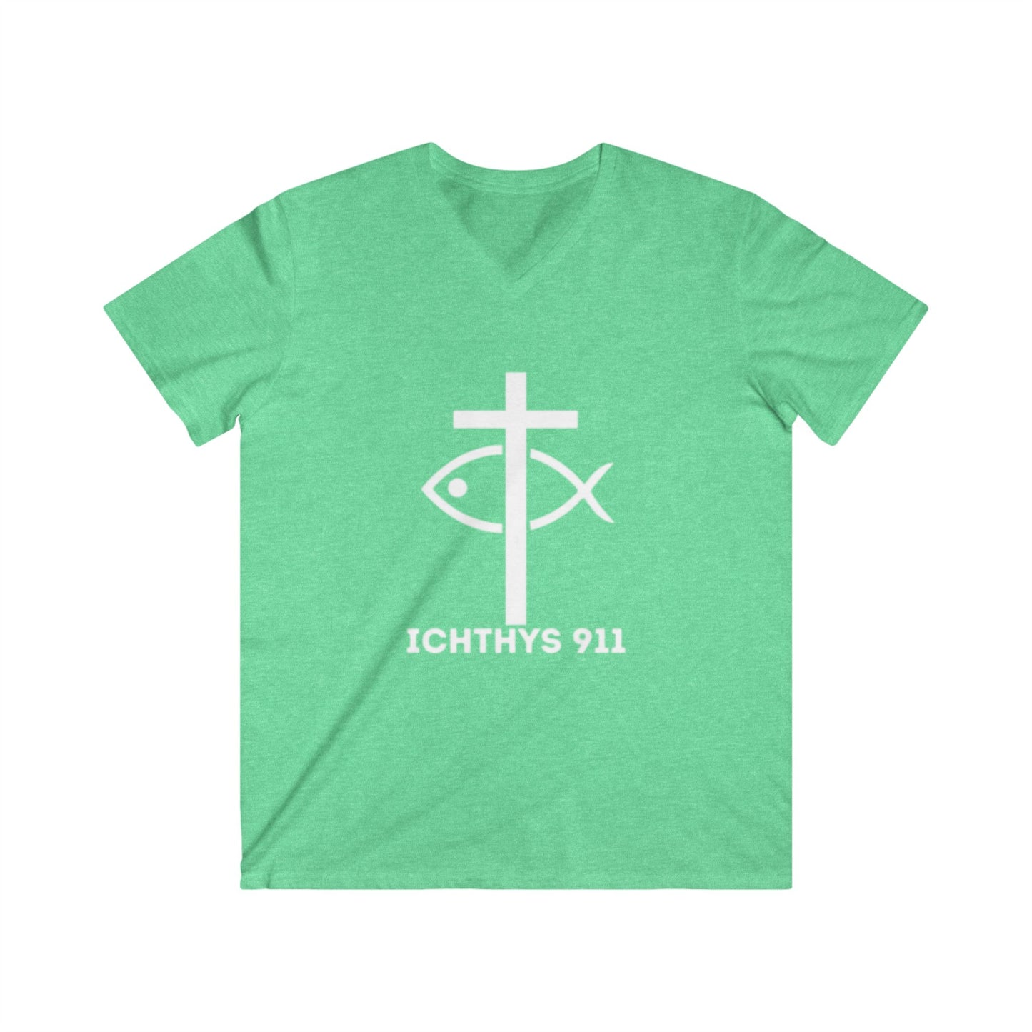 ICHTHYS 911 - Authentic Round Collection - Men's Fitted V-Neck Short Sleeve T - Shirt - Faith-Inspired - Christian Faith - White Font