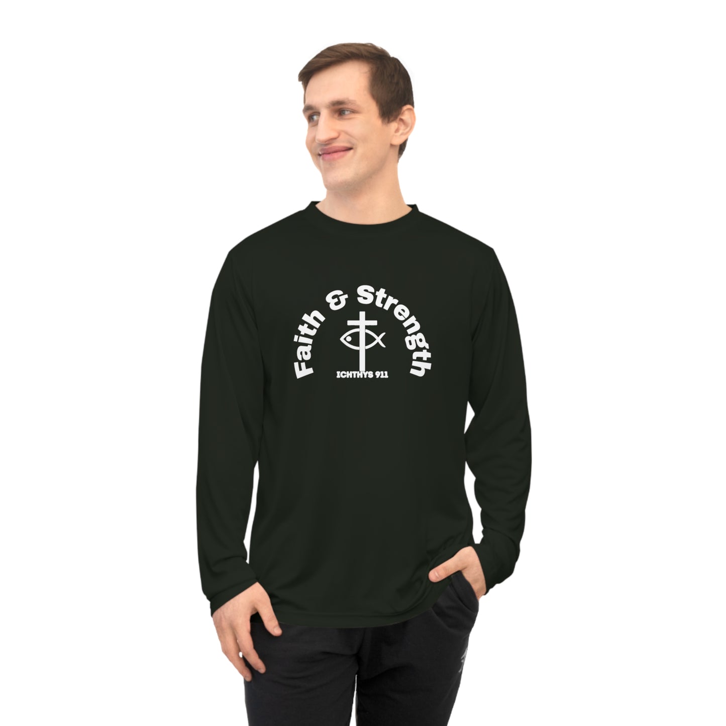 ICHTHYS 911 "Faith & Strength" Black Font Reverse Design - Unisex Performance Long Sleeve Shirt - Christian Activewear - Men - Women -100% Moisture-Wicking Poly