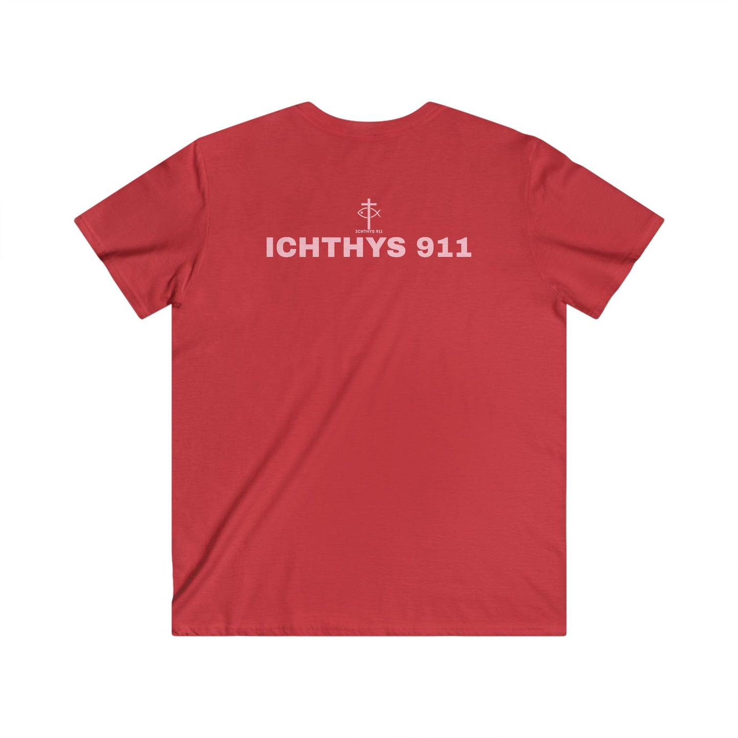Authentic Collection - Men's Fitted V-Neck Short Sleeve T - Shirt - Faith-Inspired - Christian Faith - Light Pink Font - ICHTHYS 911 -