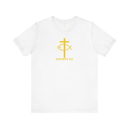 ICHTHYS 911 - "Roll With God Ride With Jesus" - Gold Font - Unisex T- Shirt - Lightweight 100% Cotton - Summer T - Arm Form Fitting - Men T- Shirt - Women T-Shirt - Christian T-Shirt