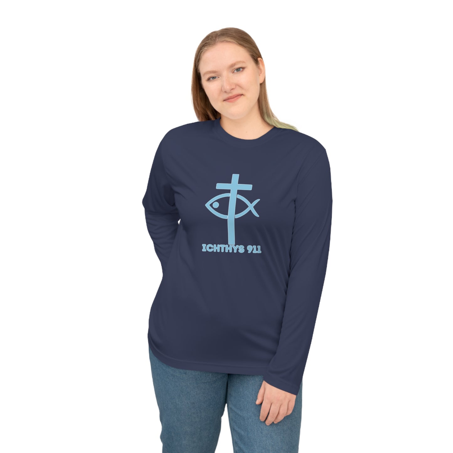 ICHTHYS 911 - Blue Font "Run with Endurance Hebrew 12:1" Reverse Unisex Performance Long Sleeve Shirt - ICHTHYS 911 Christian Activewear
