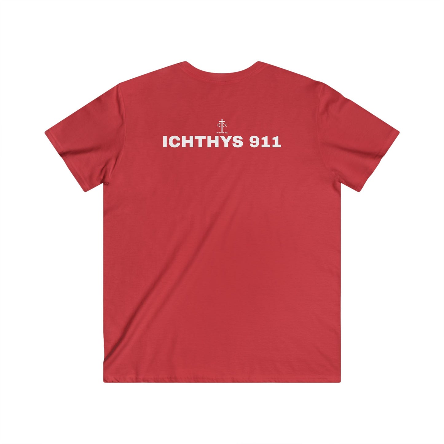 ICHTHYS 911 - White Font - "Authentic" - Men's Fitted V-Neck Tee - Casual Comfort for Everyday Wear