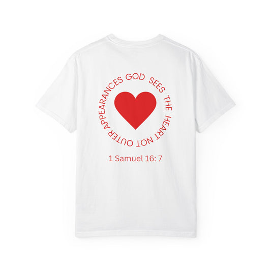 ICHTHYS 911 - "God Sees the Heart" - White Font - Unisex Garment - Dyed T-Shirt - Inspirational Graphic T-Shirt for Everyday Motivation - 100% US cotton