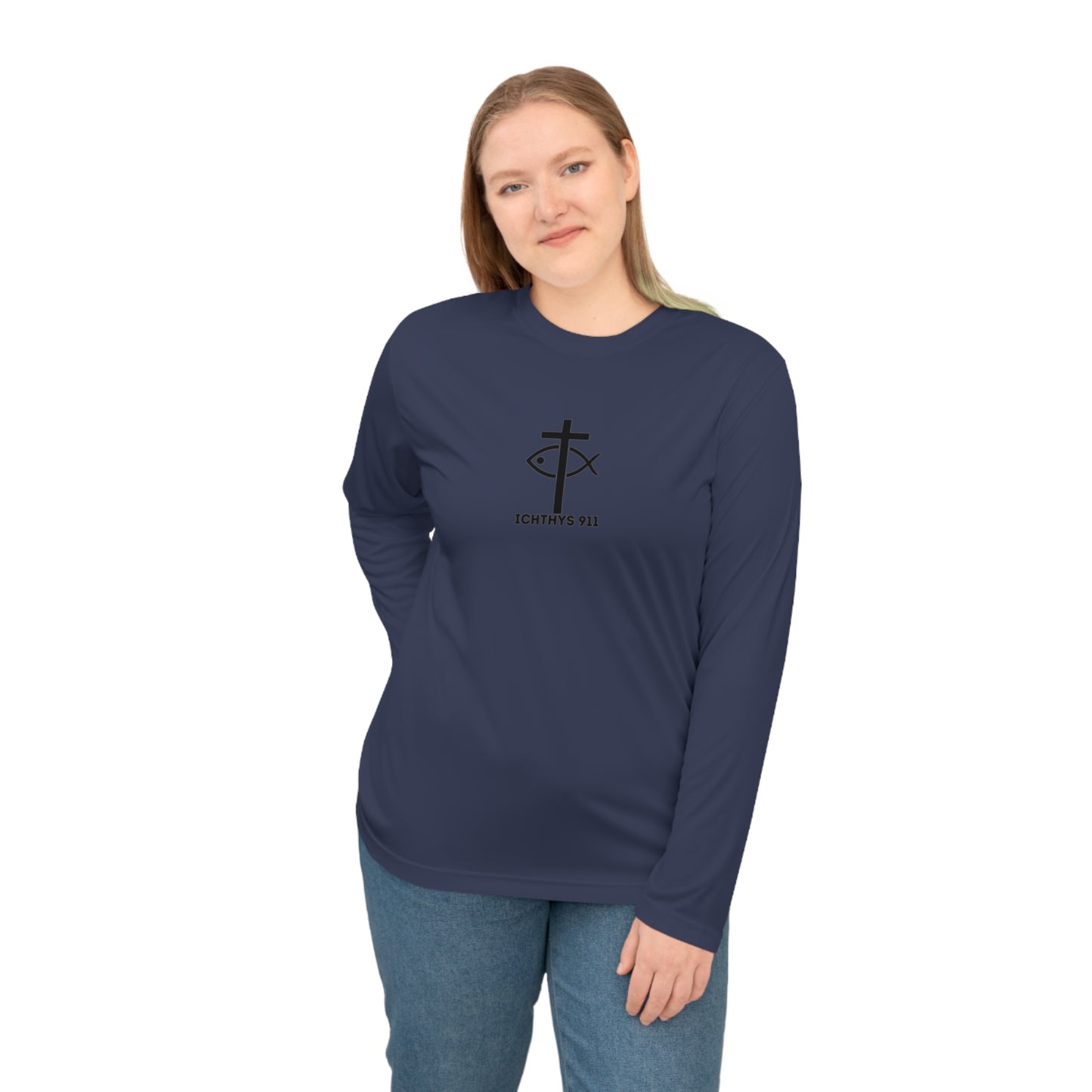 ICHTHYS 911 "Faith & Strength" Black Font - Unisex Performance Long Sleeve Shirt - Christian Activewear - Men - Women -100% Moisture-Wicking Poly