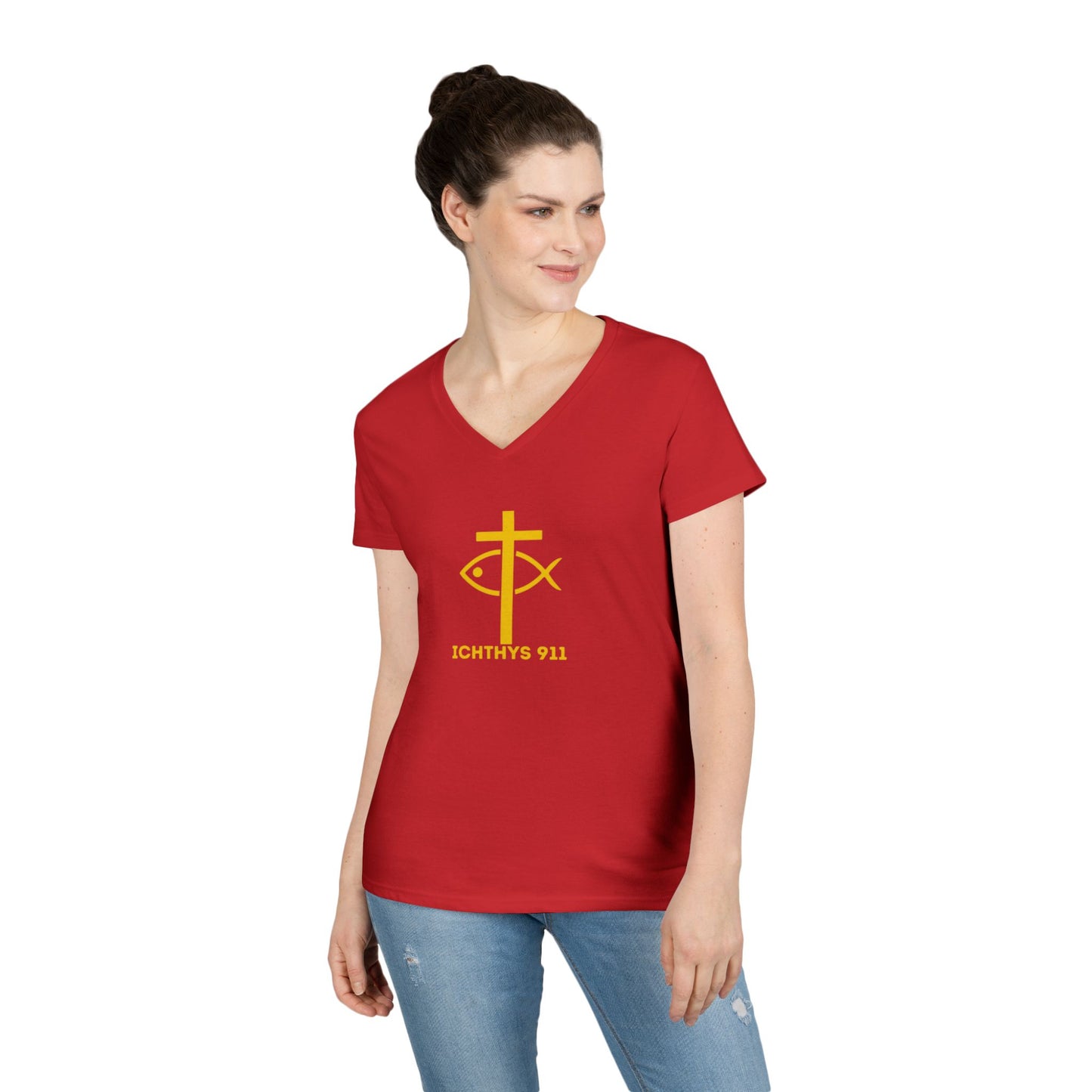 God Sees The Heart Gold Font Women’s Faith-Inspired V-Neck T-Shirt - ICHTHYS 911 Design911 Design