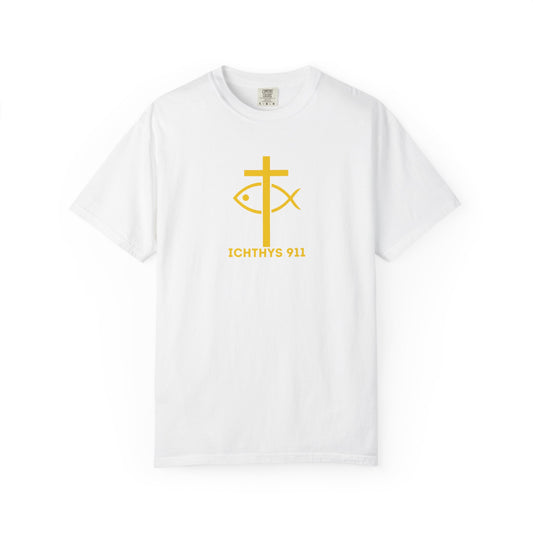 "Faith, Hope, & Love" - Gold Font - Unisex Garment Dyed T-Shirt - 100# US Cotton - Men T-Shirt - Women T-Shirt - Christian T- Shirt -Faith-Inspired Shirt - Christian Fashion - Wear Your Faith - ICHTHYS 911