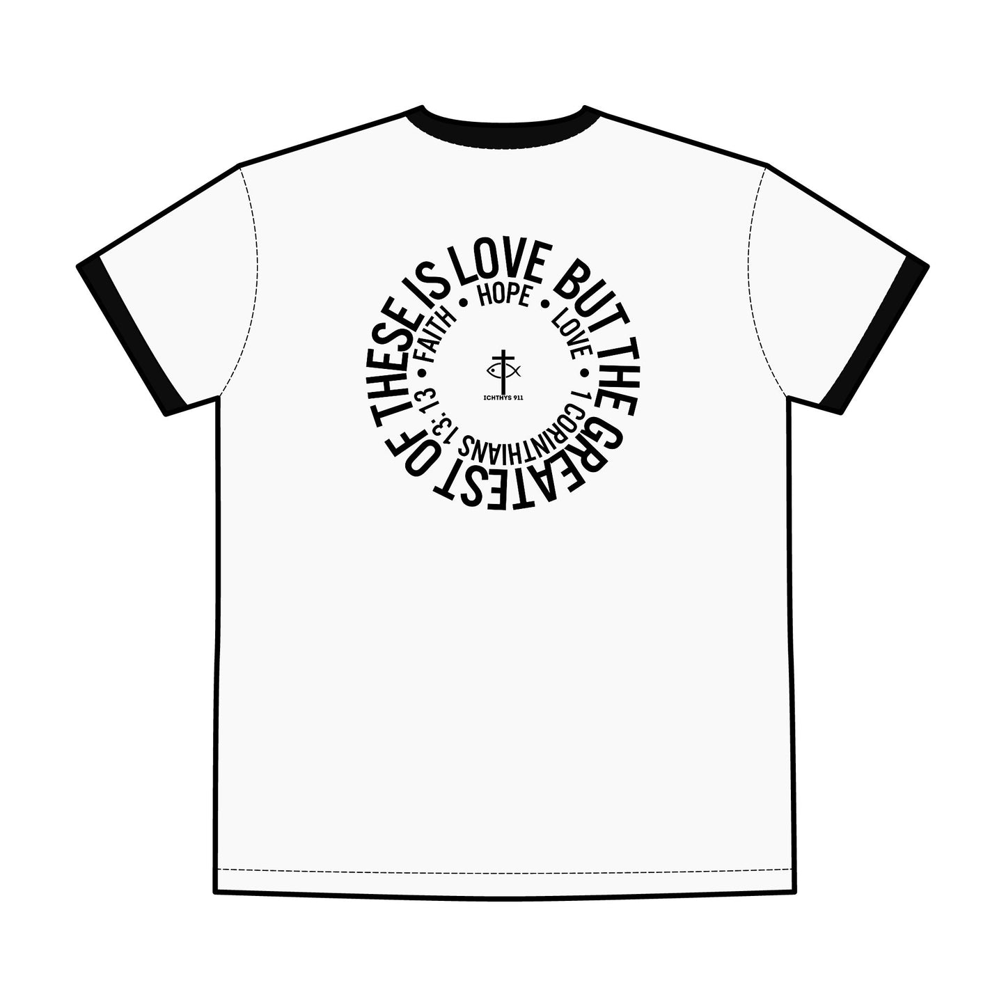 ICHTHYS 911 Red Font "Faith, Hope, & Love" - Unisex T-Shirt - Men T-Shirt - Christian Women Tee - Faith-Inspired Shirt - Christian Fashion - Wear Your Faith