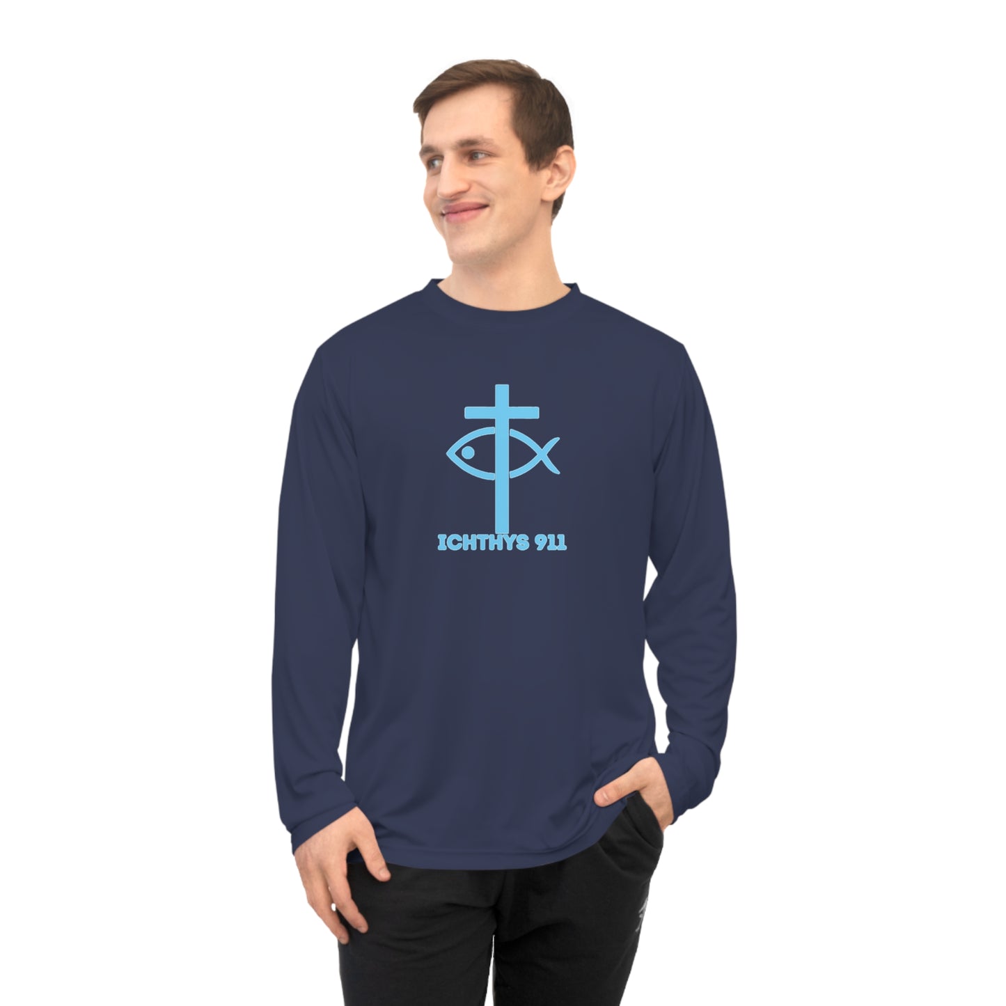 Faith & Strength Reverse Unisex Performance Long Sleeve Shirt - ICHTHYS 911 Christian Activewear Blue Font