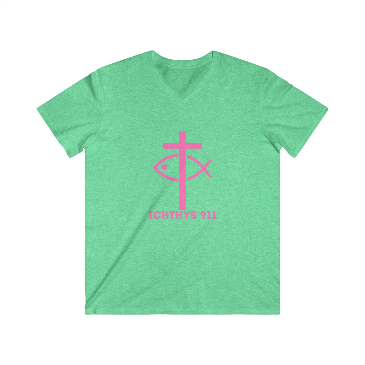 ICHTHYS 911 - Authentic Collection - Men's Fitted V-Neck Short Sleeve T - Shirt - Faith-Inspired - Christian Faith - Pink Font