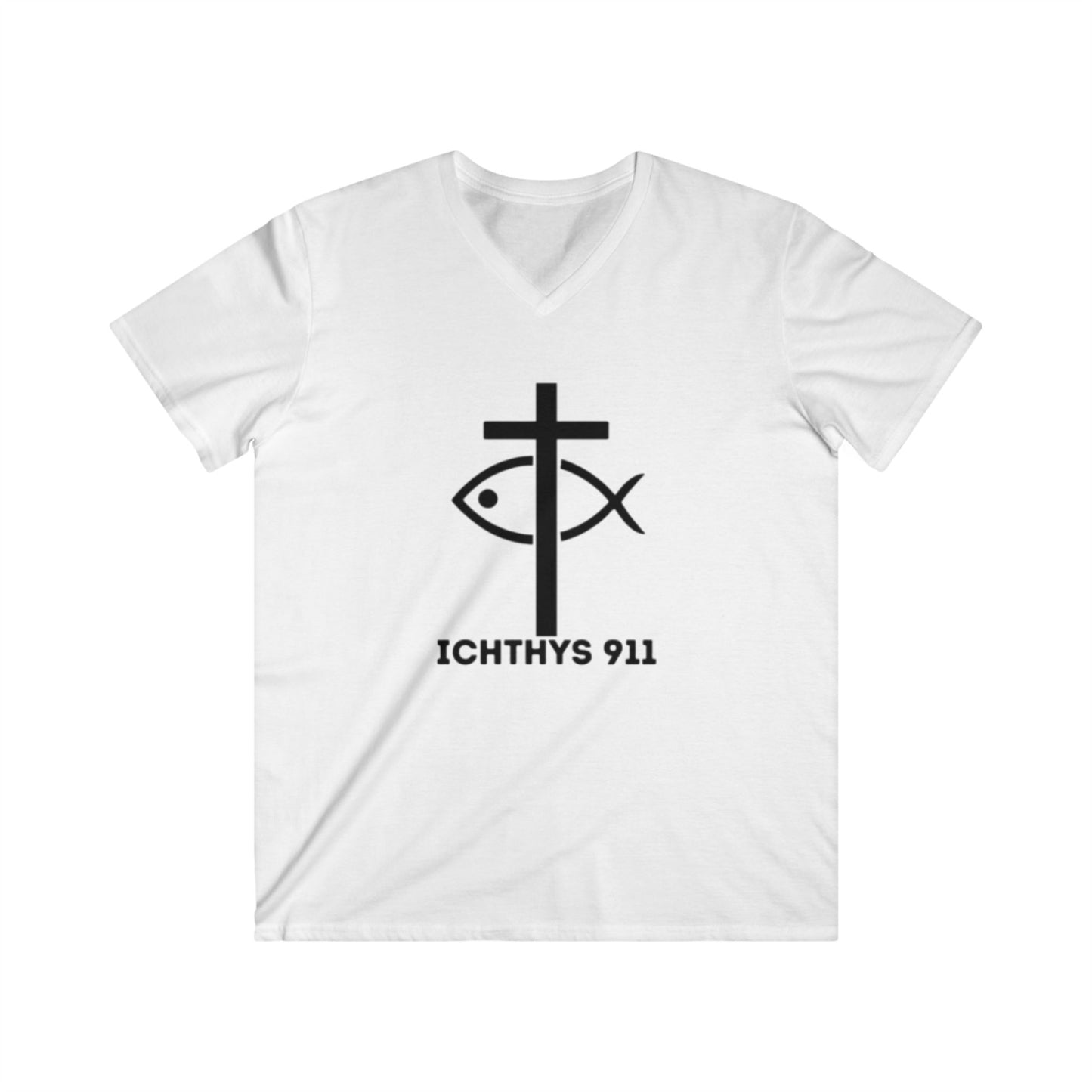 ICHTHYS 911 - Authentic Round Collection - Men's Fitted V-Neck Short Sleeve T - Shirt - Faith-Inspired - Christian Faith - Black Font