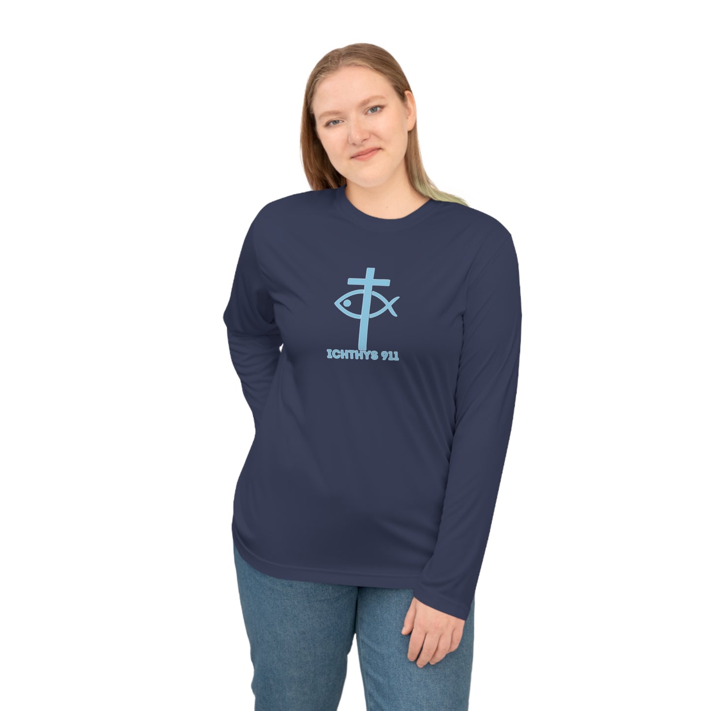 ICHTHYS 911 - Blue Font "13th Disciple" Unisex Performance Long Sleeve Shirt - 100% Moisture-Wicking Polyester - Men - Women - Christian Activewear Blue Font