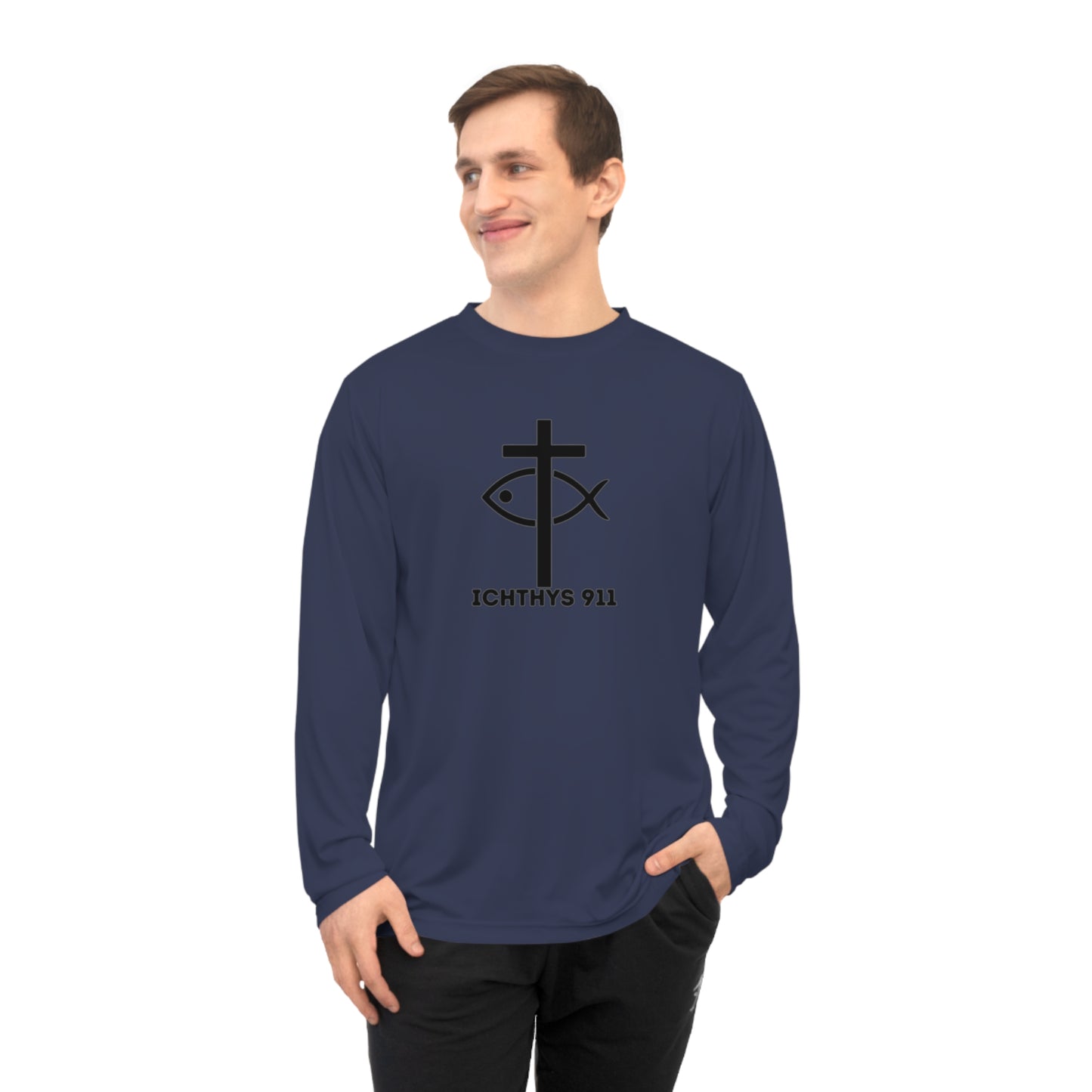 Faith Driven Reverse Unisex Performance Long Sleeve Shirt - ICHTHYS 911 Christian Activewear