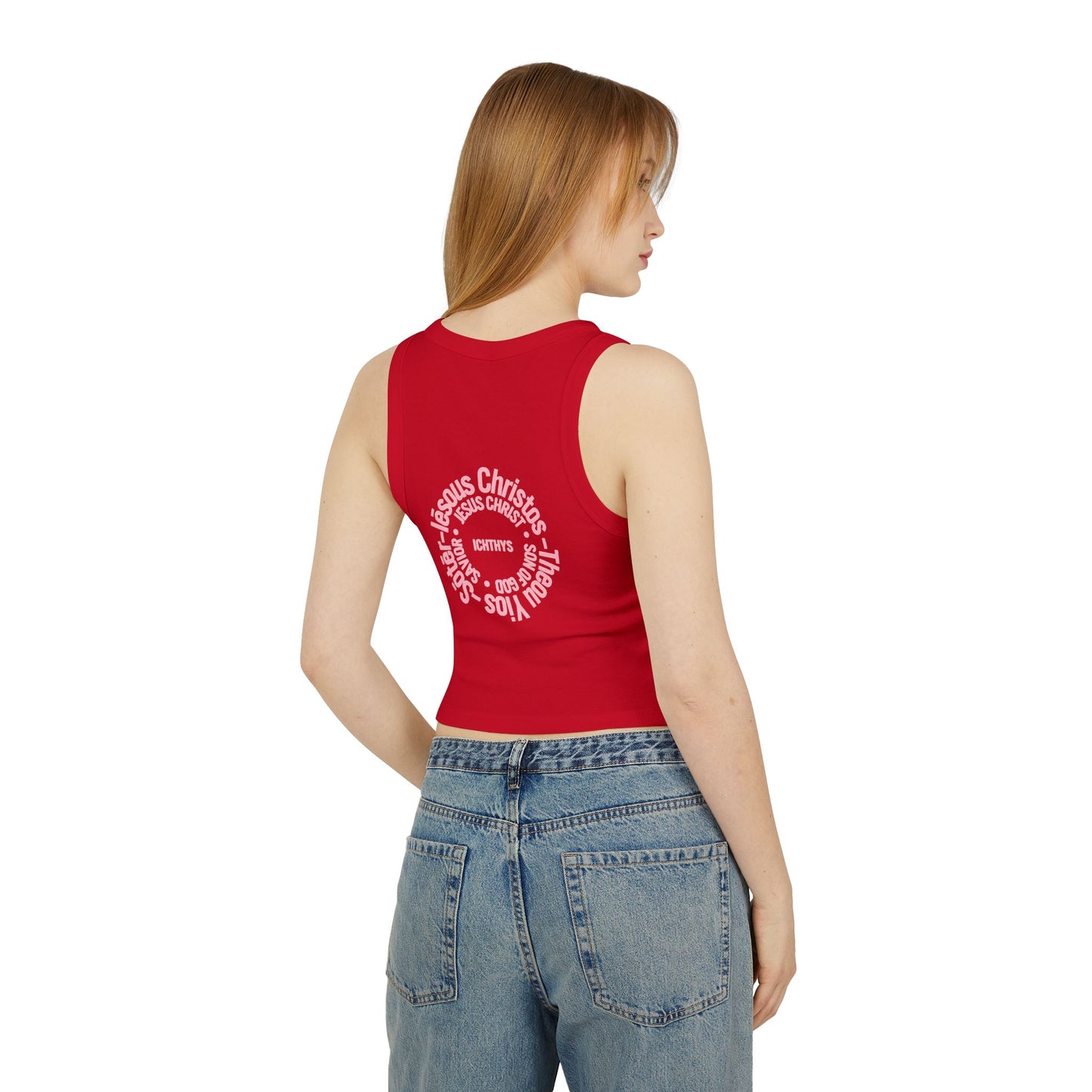 Iēsous Christos, Theou Yios, Sōtēr - Pink Font Faith-Inspired Women's Micro Rib Racer Tank Top - Cute Jesus Christ Design - Women Tank - Christian - Work Out - ICHTHYS 911 Design