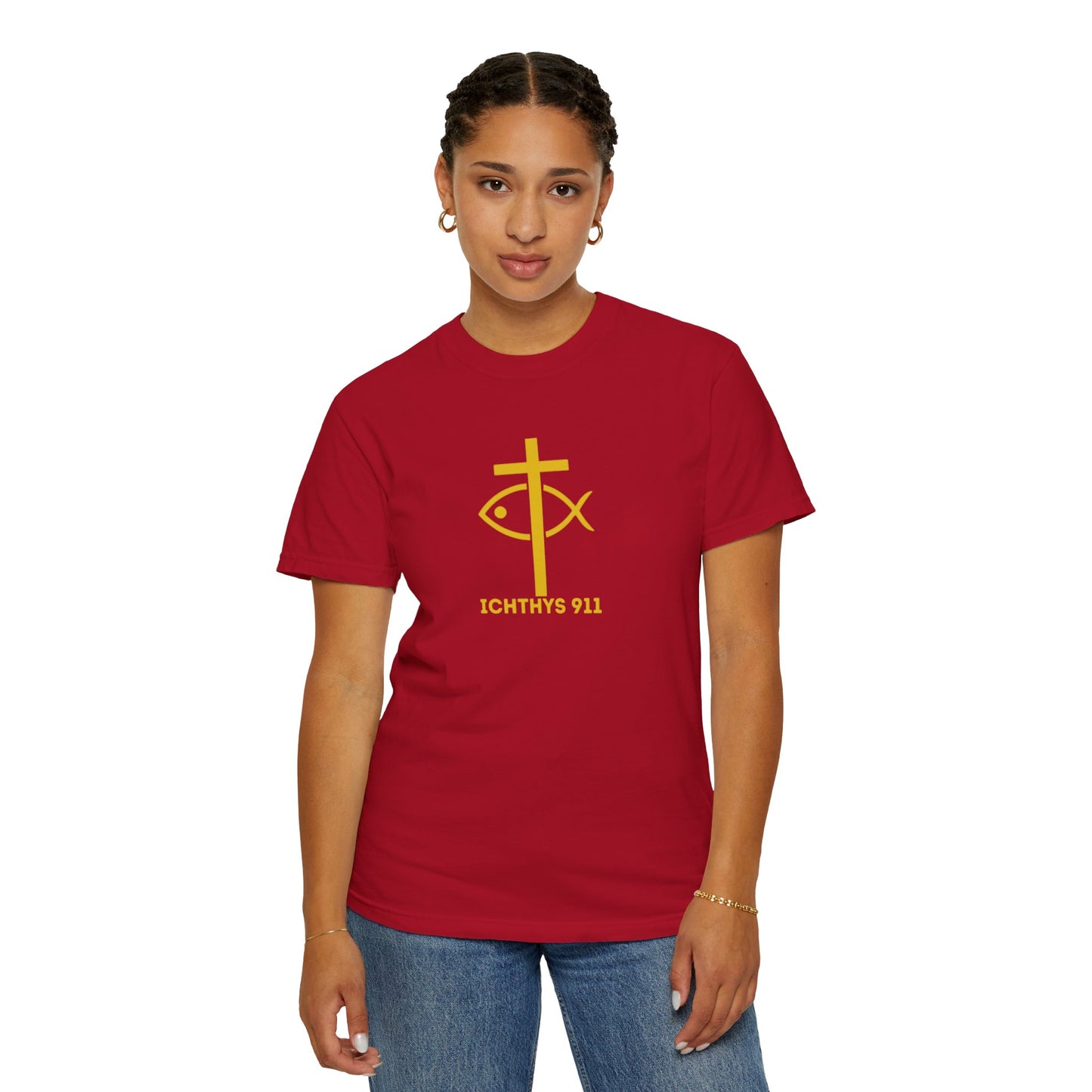 ICHTHYS 911 - "Jesus Christ Son of God Savior" - Gold Font - Unisex Garment Dyed T- Shirt - Men T-Shirt - Women T-Shirt - Christian Streetwear T-Shirt – Jesus Gym & Faith Fashion
