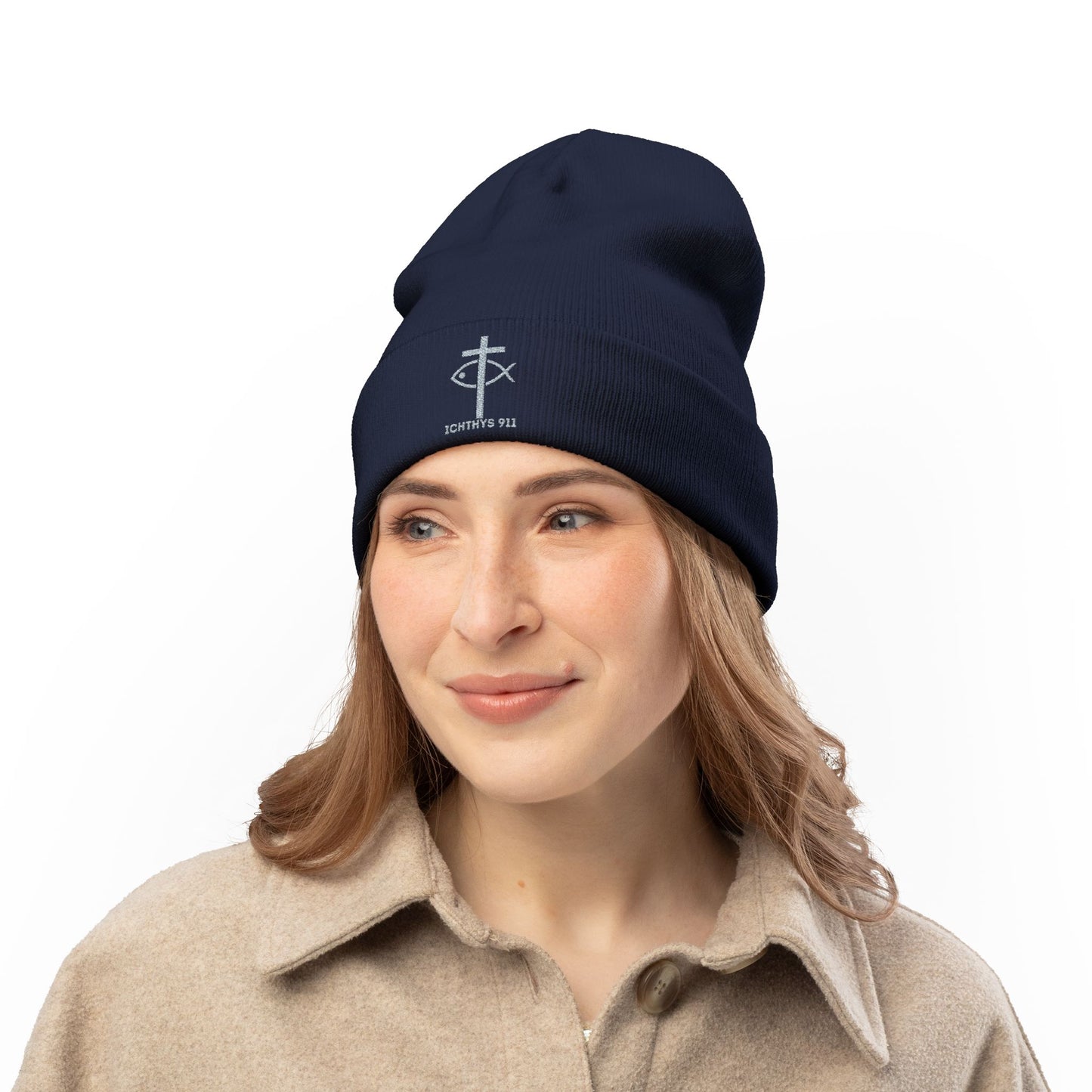 Chic and Cozy Knit Beanie with Custom Embroidery - Warm Winter Hat - Christian - Faith Based - ICHTHYS 911 Design