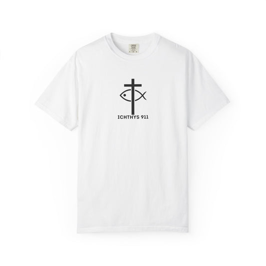 ICHTHYS 911 - Black Font - Additional Flavors - "Faith & Strength" - Unisex - Garment Dyed -100% US Cotton -Short Sleeve Tee - Inspirational Graphic T-Shirt for Everyday Motivation - Women T-Shirt - Soft T