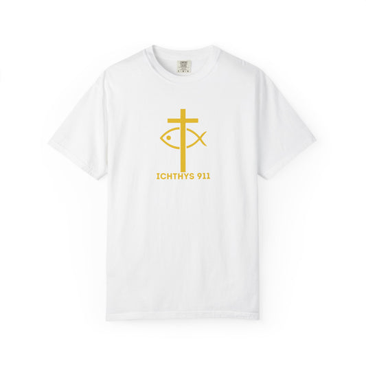 "Iēsous Christos, Theou Yios, Sōtēr" = Jesus Christ, Son of God, Savior - Gold Font - Unisex Garment Dyed T- Shirt - Men T-Shirt - Women T-Shirt - Christian Streetwear T-Shirt – Jesus Gym & Faith Fashion,ICHTHYS 911 -