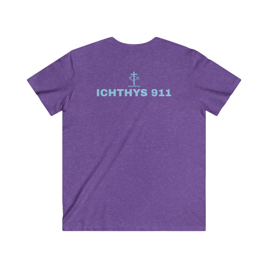 ICHTHYS 911 - "Authentic Collection" - Blue Font - Men's Fitted V-Neck Tee - Casual Comfort for Everyday Wear