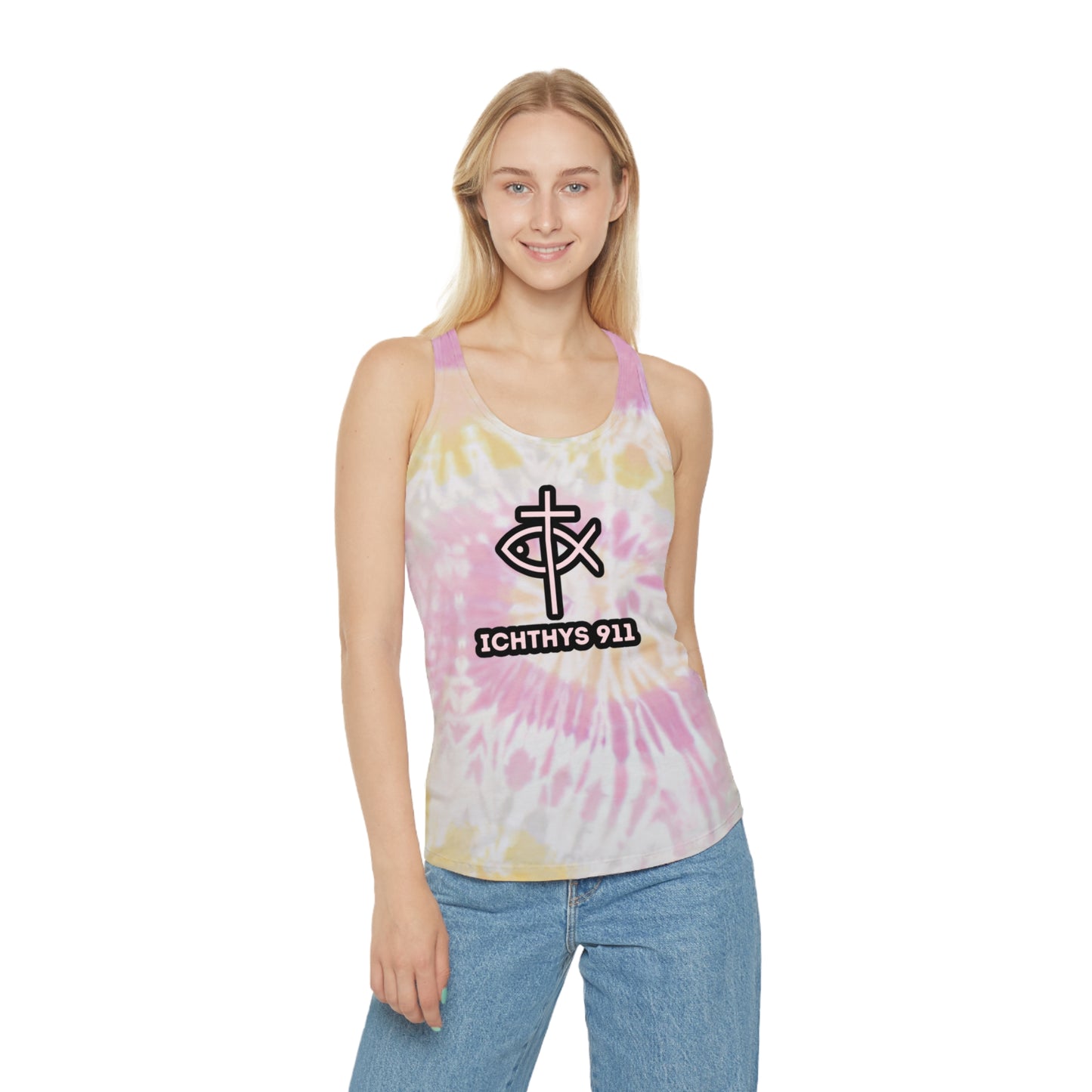 Authentic Design - Women Tie Dye Tank Top - ICHTHYS 911 Summer Vibes Racerback Shirt Be bold in your walk. Be known by your faith. Represent the movement.