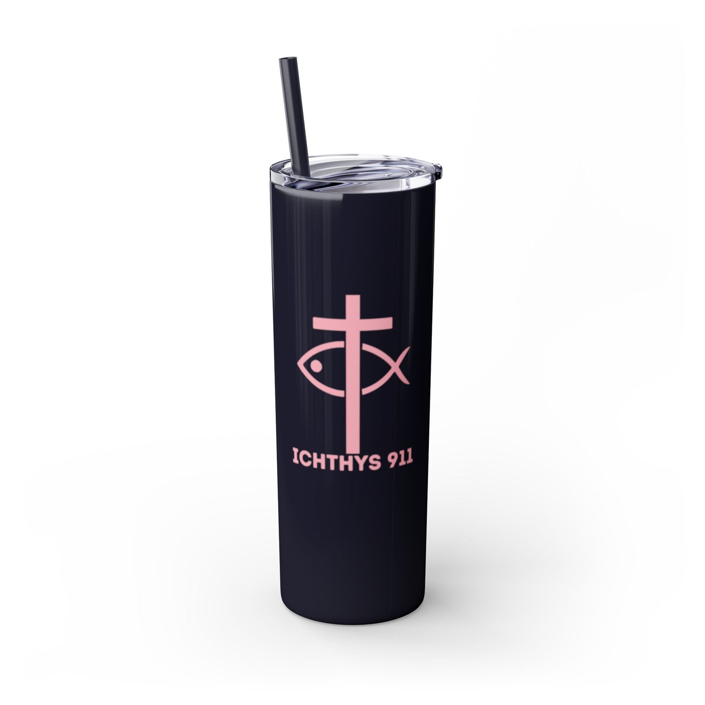 ICHTHYS 911 Pink & Blue Faith-Inspired Skinny Tumbler with Straw - 20oz Baby Shower Drip - Party Favor