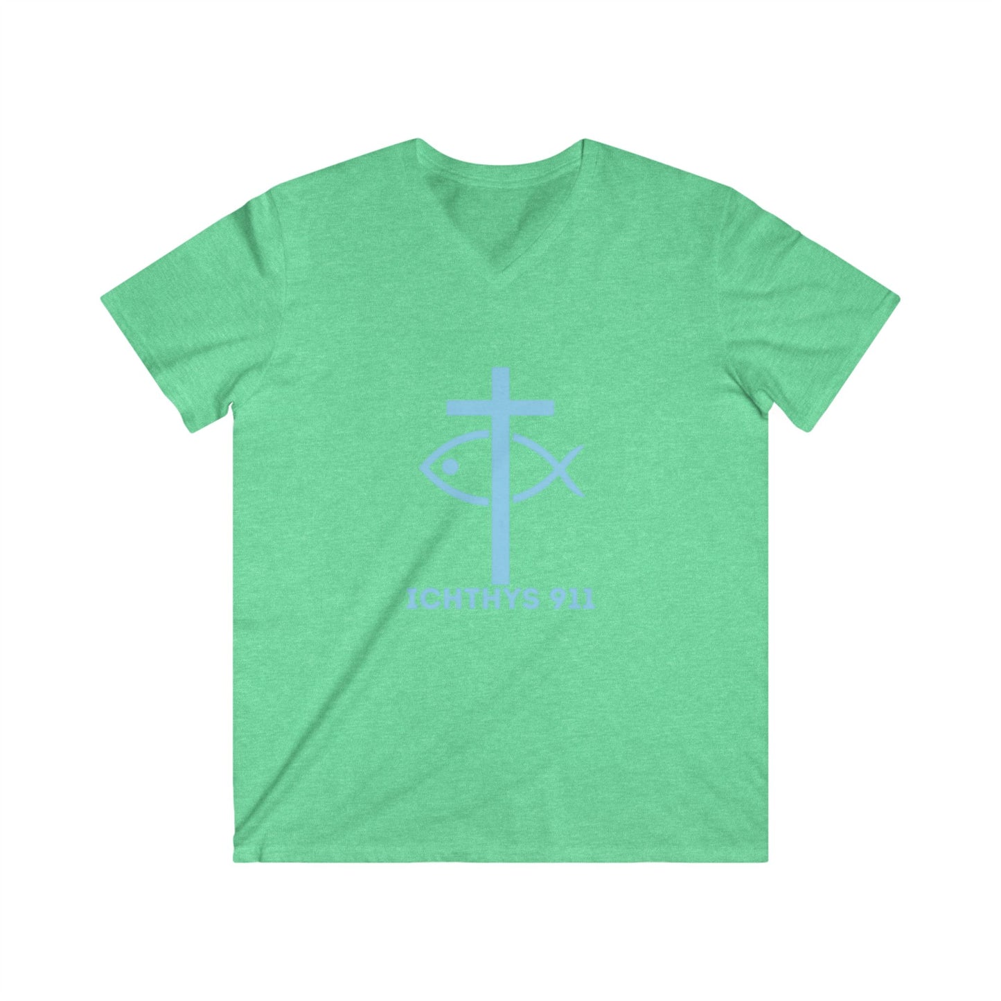 ICHTHYS 911 - Authentic Collection - Men's Fitted V-Neck Short Sleeve T - Shirt - Faith-Inspired in Light Blue Font Christian Faith