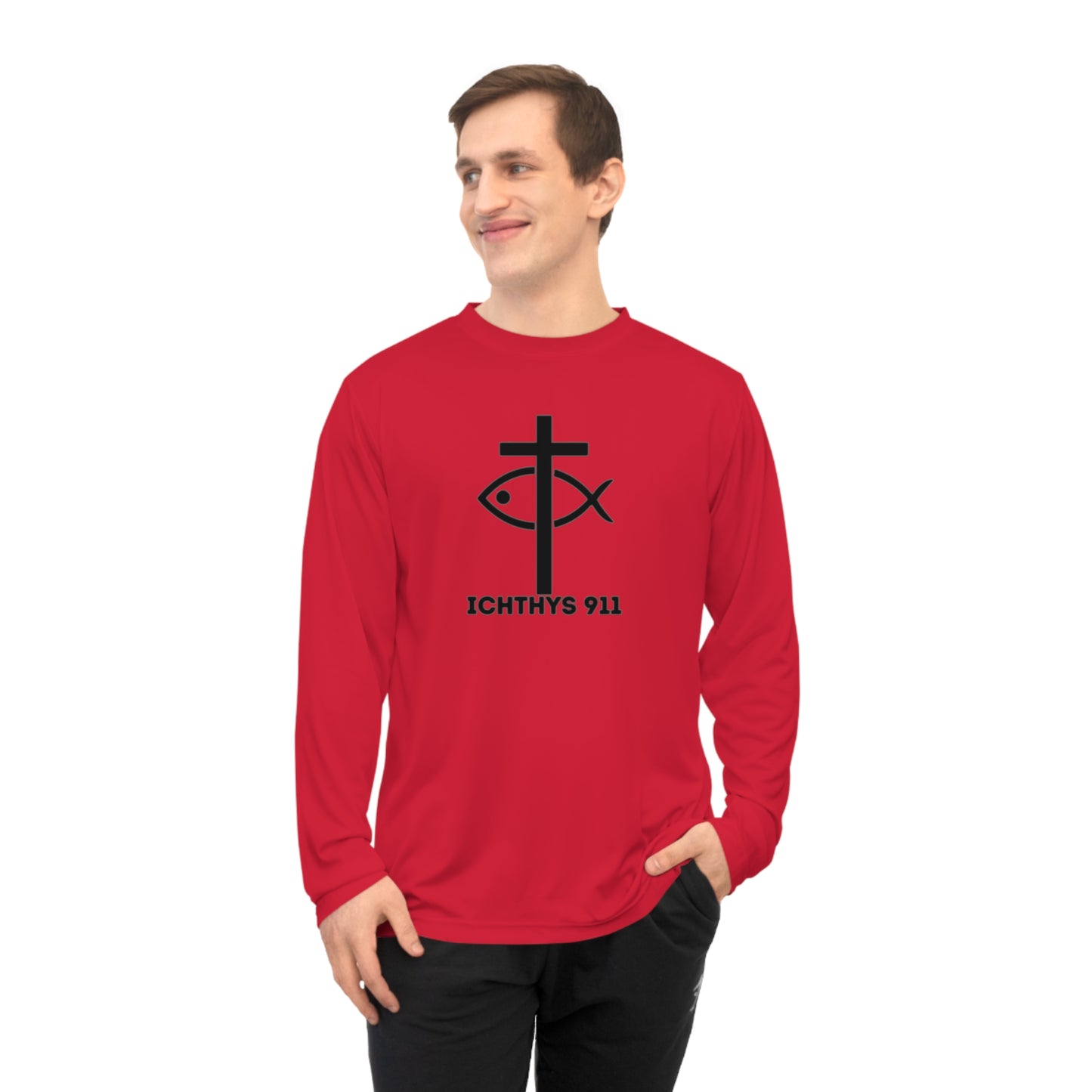 Iēsous Christos, Theou Yios, Sōtēr = Jesus Christ, Son of God, Savior - Unisex Performance Long Sleeve Shirt - ICHTHYS 911 Christian Activewear