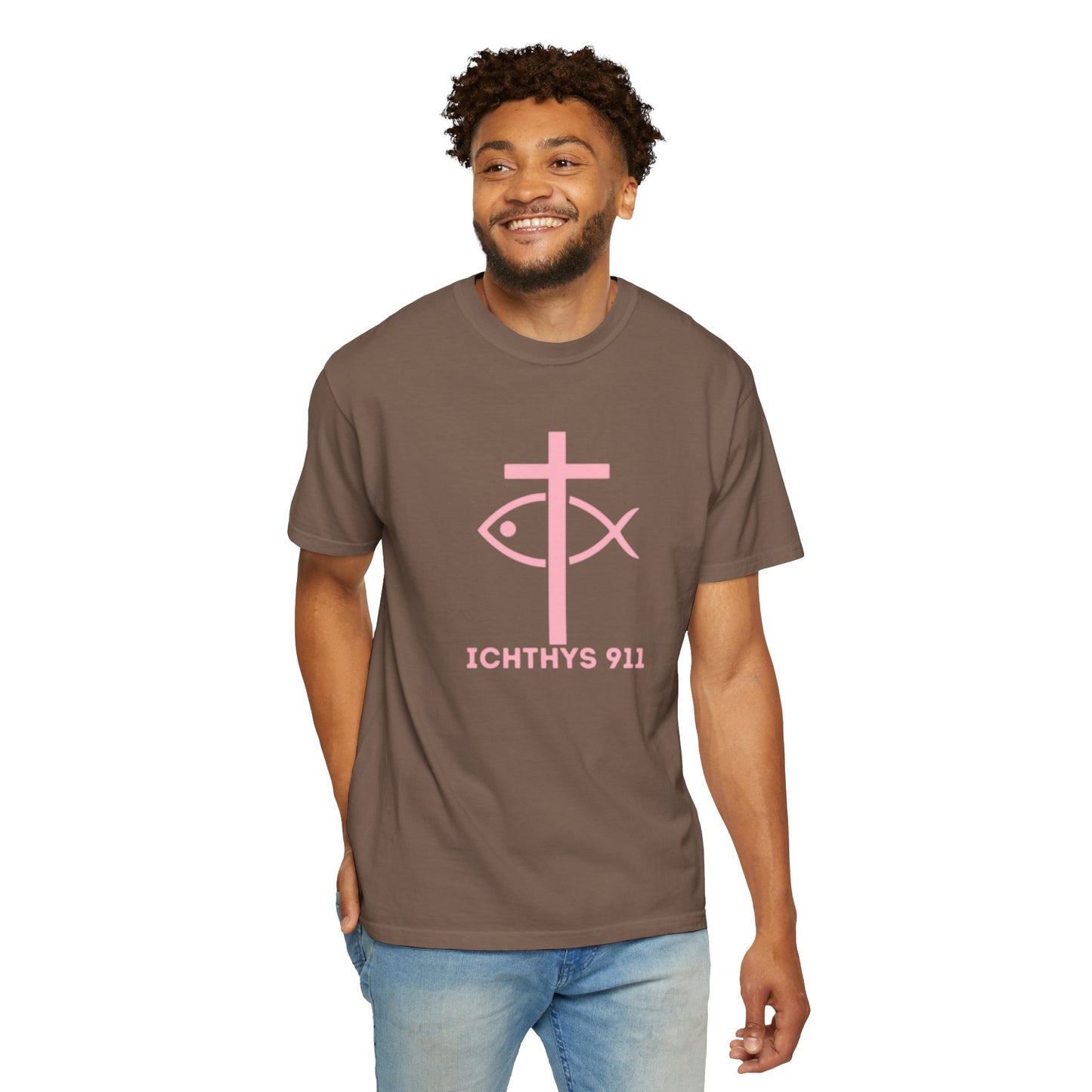 ICHTHYS 911 - Authentic - W/O IC 911 on Back -Christian Streetwear T-Shirt – Jesus Gym & Faith Fashion, Unisex Garment-Dyed T-Shirt Soft Pink Font