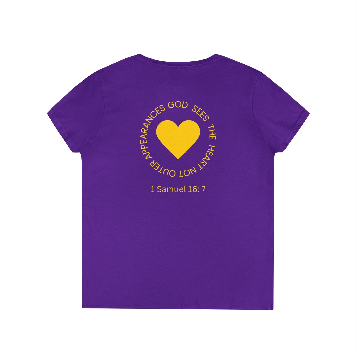 God Sees The Heart Gold Font Women’s Faith-Inspired V-Neck T-Shirt - ICHTHYS 911 Design911 Design