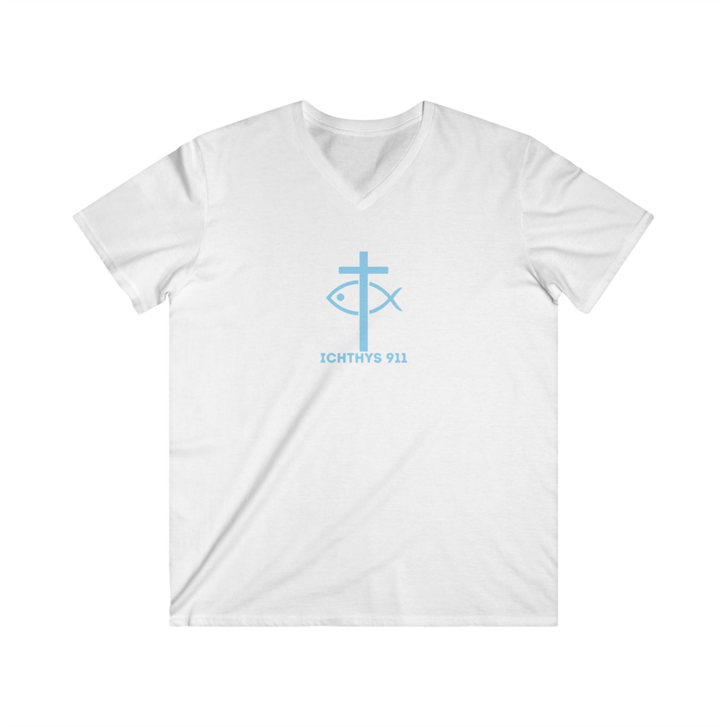 ICHTHYS 911 - "Authentic Collection" - Blue Font - Men's Fitted V-Neck Tee - Casual Comfort for Everyday Wear