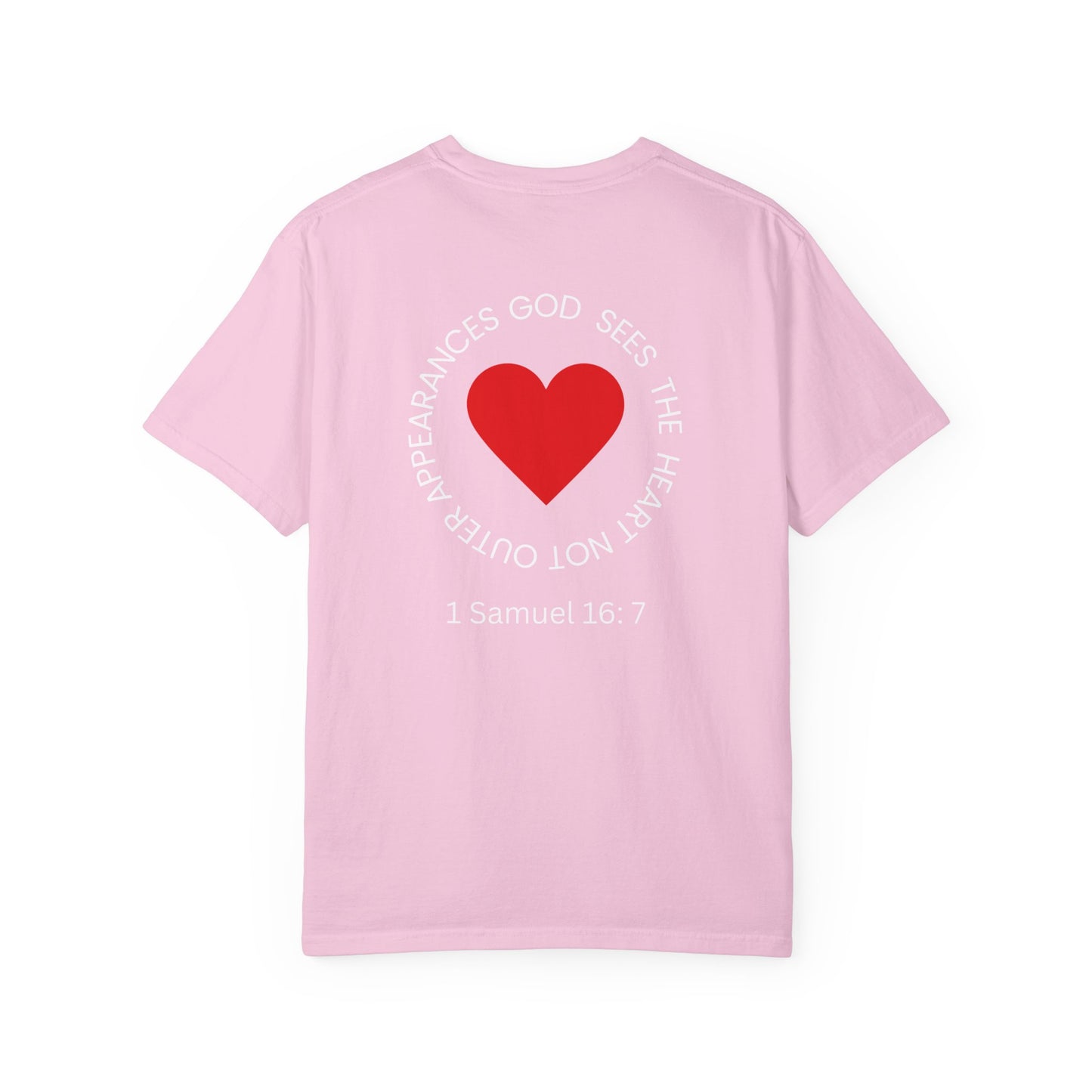 ICHTHYS 911 -  "God Sees the Heart" - White Font - Unisex Garment - Dyed T-Shirt - Inspirational Graphic T-Shirt for Everyday Motivation - 100% US cotton