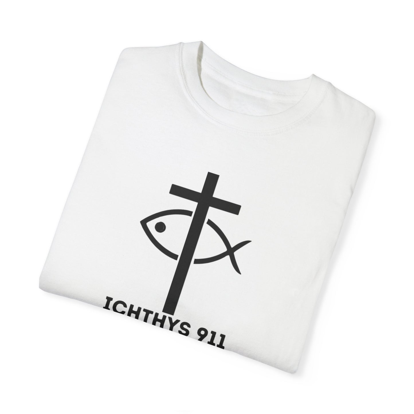 ICHTHYS 911 - Authentic - Christian Streetwear T-Shirt – Jesus Gym & Faith Fashion, Unisex Garment-Dyed T-Shirt Blue Font