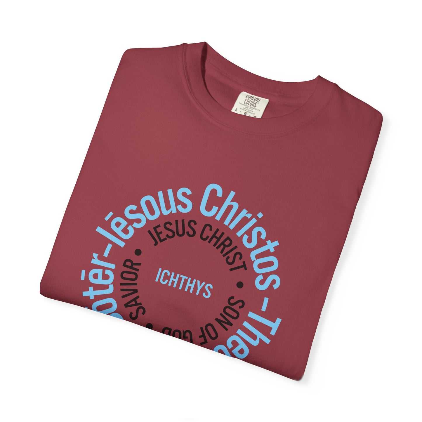 ICHTHYS 911 Blue & Black Font "Iēsous Christos, Theou Yios, Sōtēr" - Collection - Reverse Design - Unisex Garment Dyed - 100% US Cotton - Christian Graphic Tee - Gym - T - Christian Faith - Jesus Wear - Women T-Shirt - Men T-Shirt