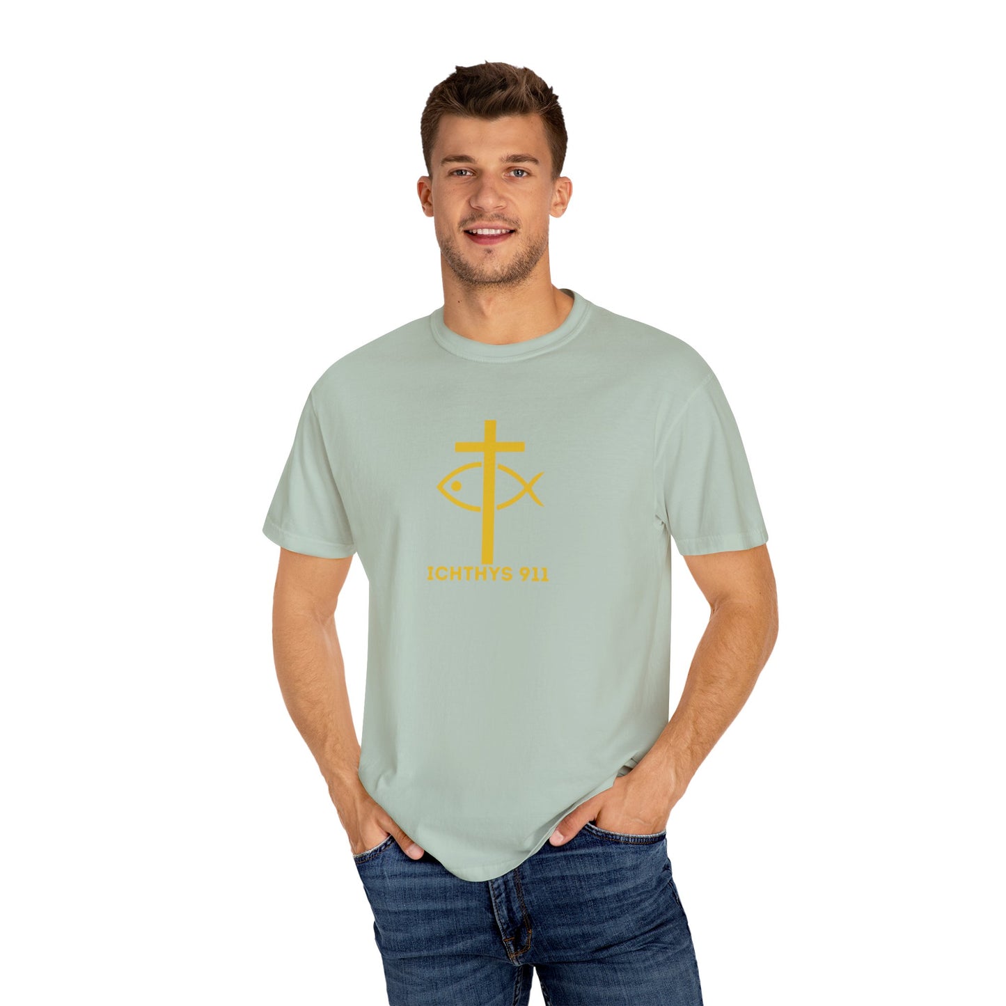 ICHTHYS 911 - "Jesus Christ Son of God Savior" - Gold Font - Unisex Garment Dyed T- Shirt - Men T-Shirt - Women T-Shirt - Christian Streetwear T-Shirt – Jesus Gym & Faith Fashion