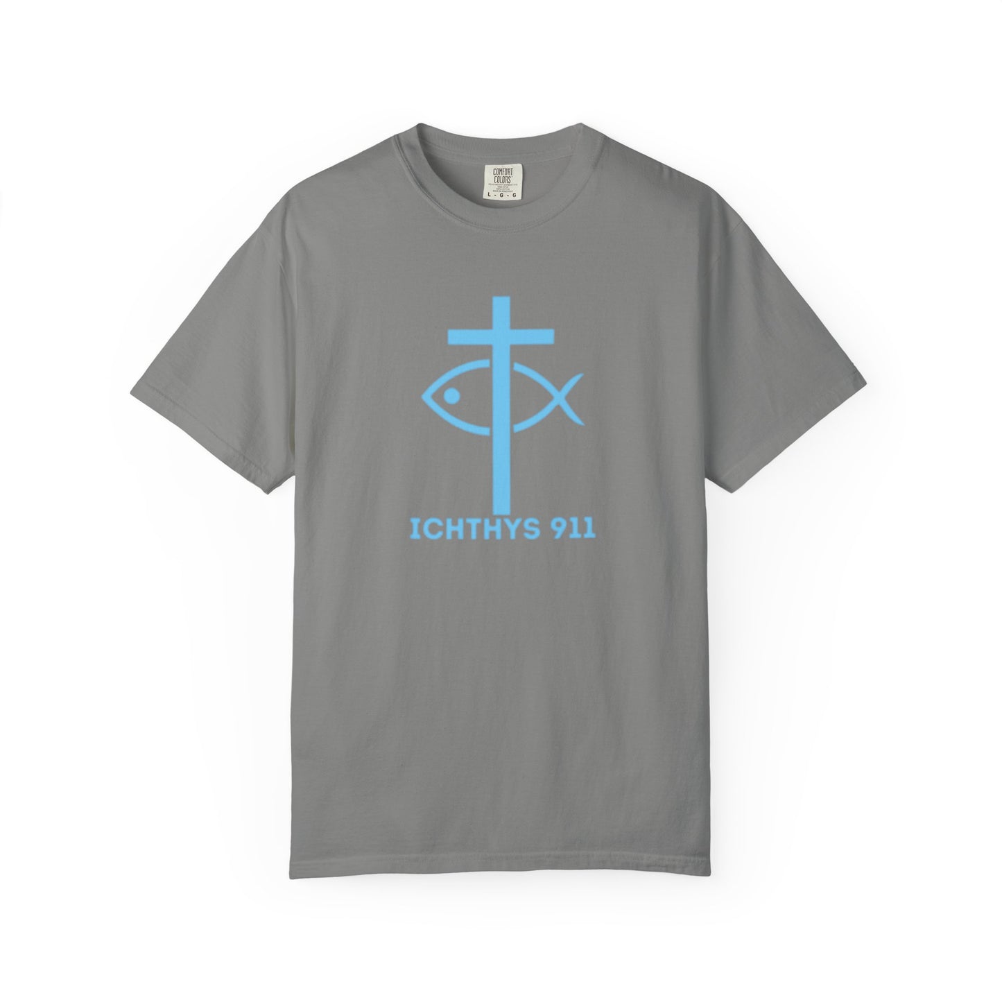 Jesus Christ Son of God Savior - Blue Font - Christian Streetwear T-Shirt – Jesus Gym & Faith Fashion, Unisex Garment-Dyed T-Shirt- ICHTHYS 911