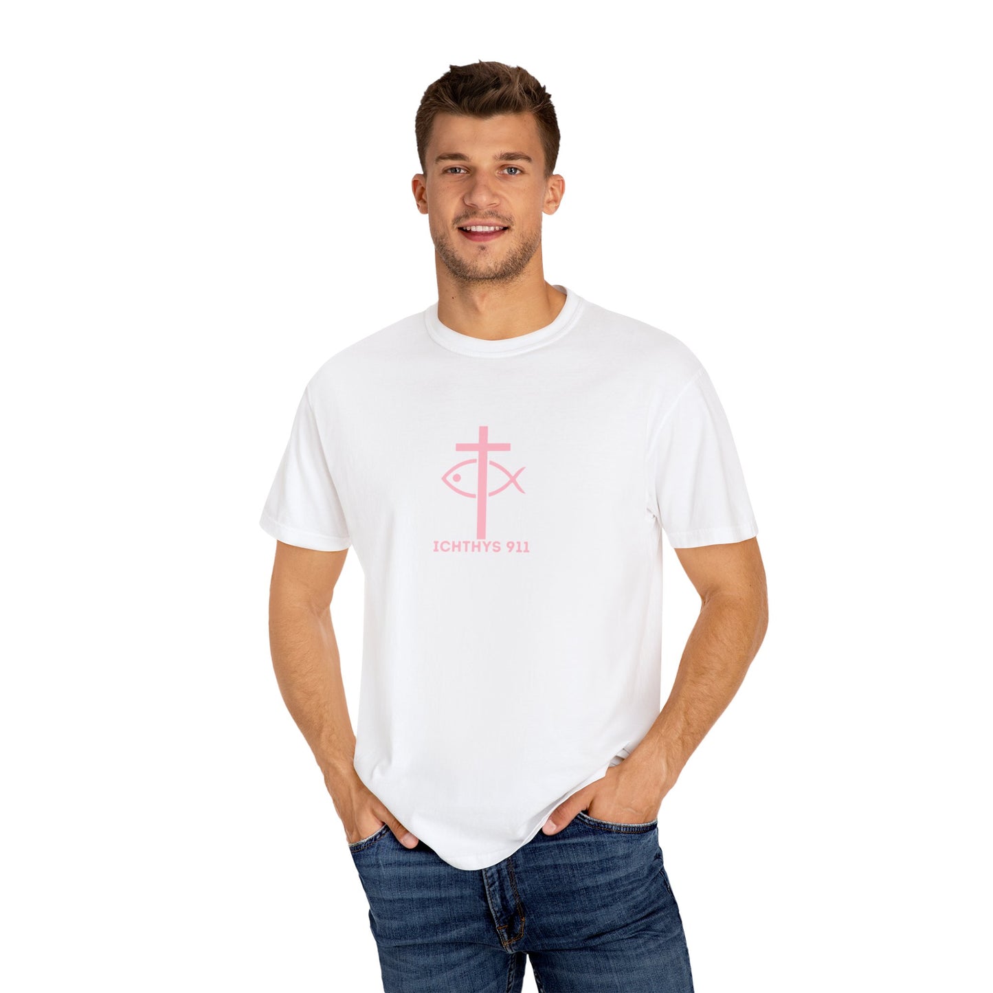 ICHTHYS 911 "Strength Through Christ Philippians 4:13" - Pink Font - Unisex Garment Dyed T-Shirt - 100% US Cotton -Men T-Shirt - Women T-Shirt - Christian Activewear - Wear Your Faith - T-Shirt