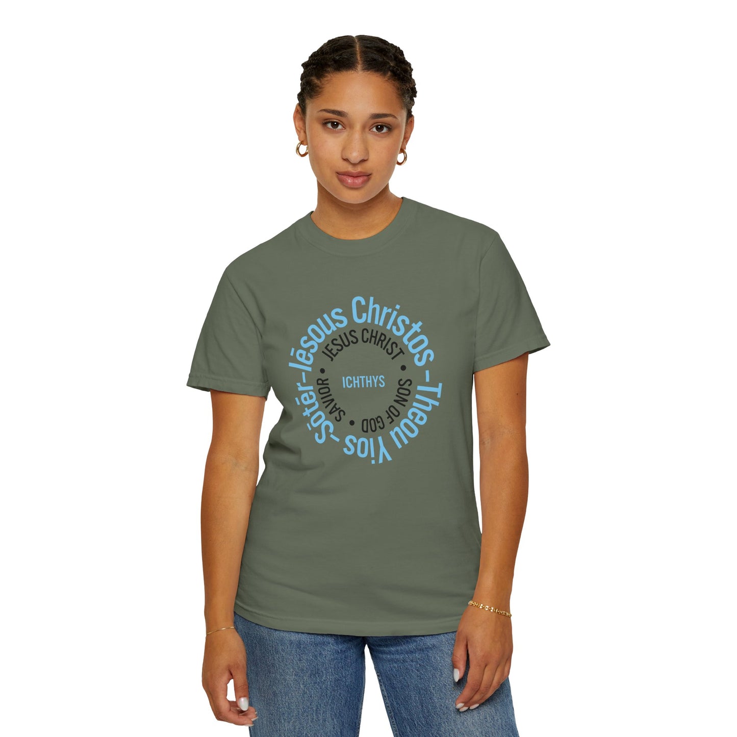 ICHTHYS 911 Blue & Black Font "Iēsous Christos, Theou Yios, Sōtēr" - Collection - Reverse Design - Unisex Garment Dyed - 100% US Cotton - Christian Graphic Tee - Gym - T - Christian Faith - Jesus Wear - Women T-Shirt - Men T-Shirt