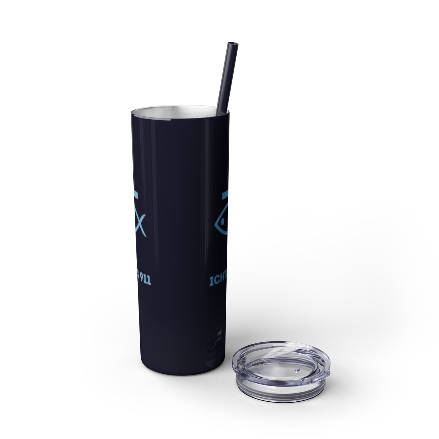 ICHTHYS 911 - Blue Font - Faith-Inspired Skinny Tumbler with Straw - 20oz Baby Shower Drip