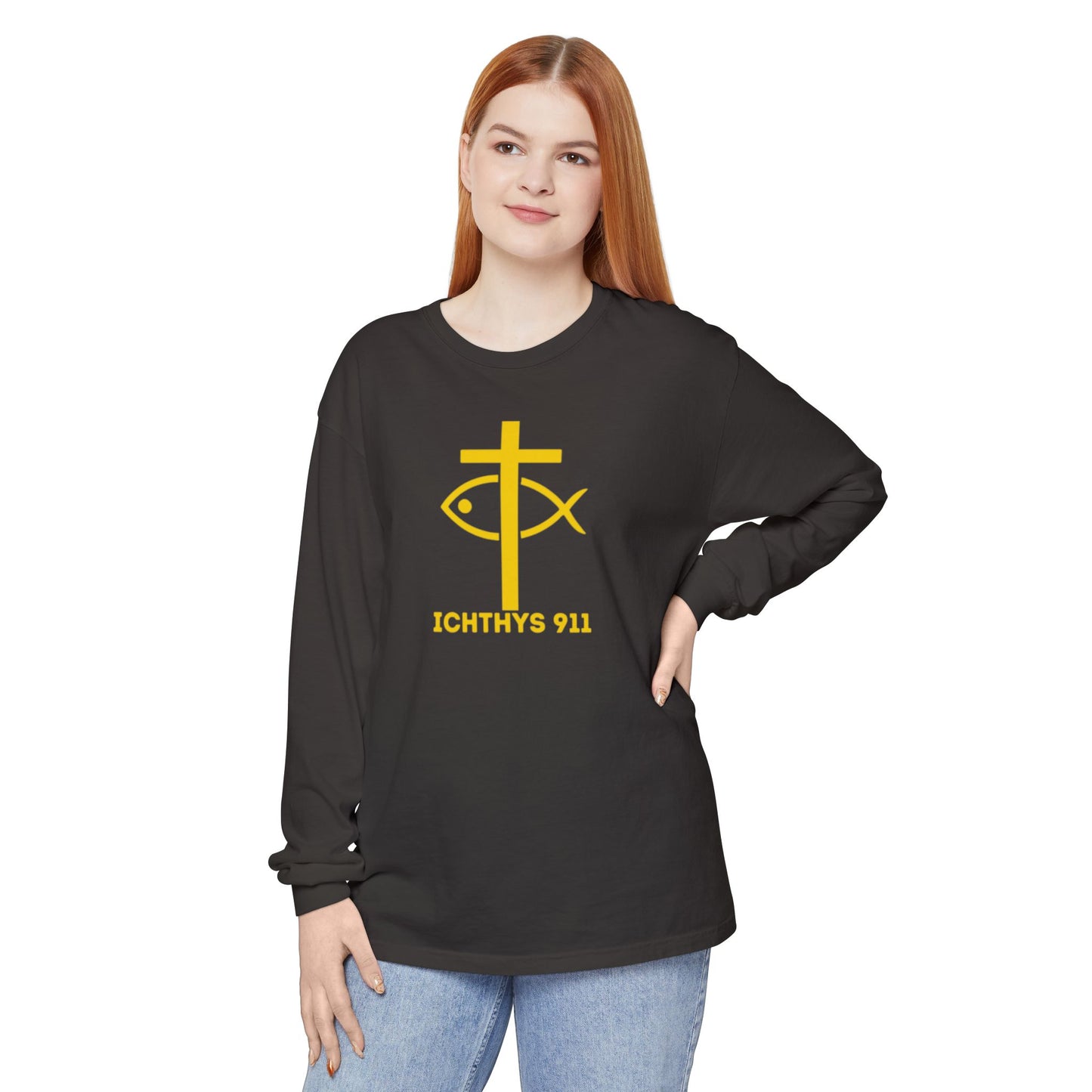 Authentic ICHTHYS 911 Collection -  Gold Font - Unisex Garment Dyed Long Sleeve T-Shirt - Men Long Sleeve - Women Long Sleeve - Christian Faith Symbol Tee - Faith Inspired