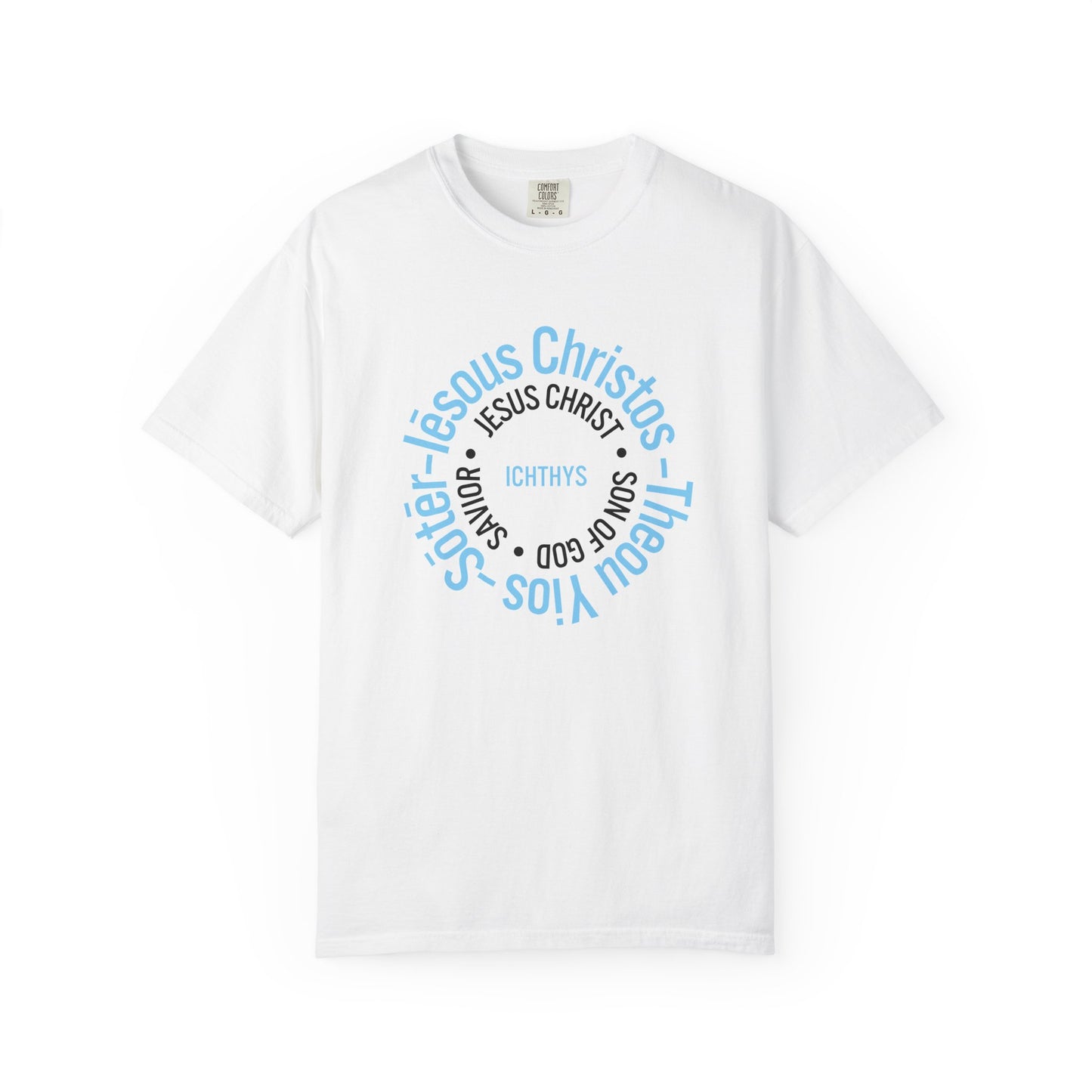 ICHTHYS 911 Blue & Black Font "Iēsous Christos, Theou Yios, Sōtēr" - Collection - Reverse Design - Unisex Garment Dyed - 100% US Cotton - Christian Graphic Tee - Gym - T - Christian Faith - Jesus Wear - Women T-Shirt - Men T-Shirt