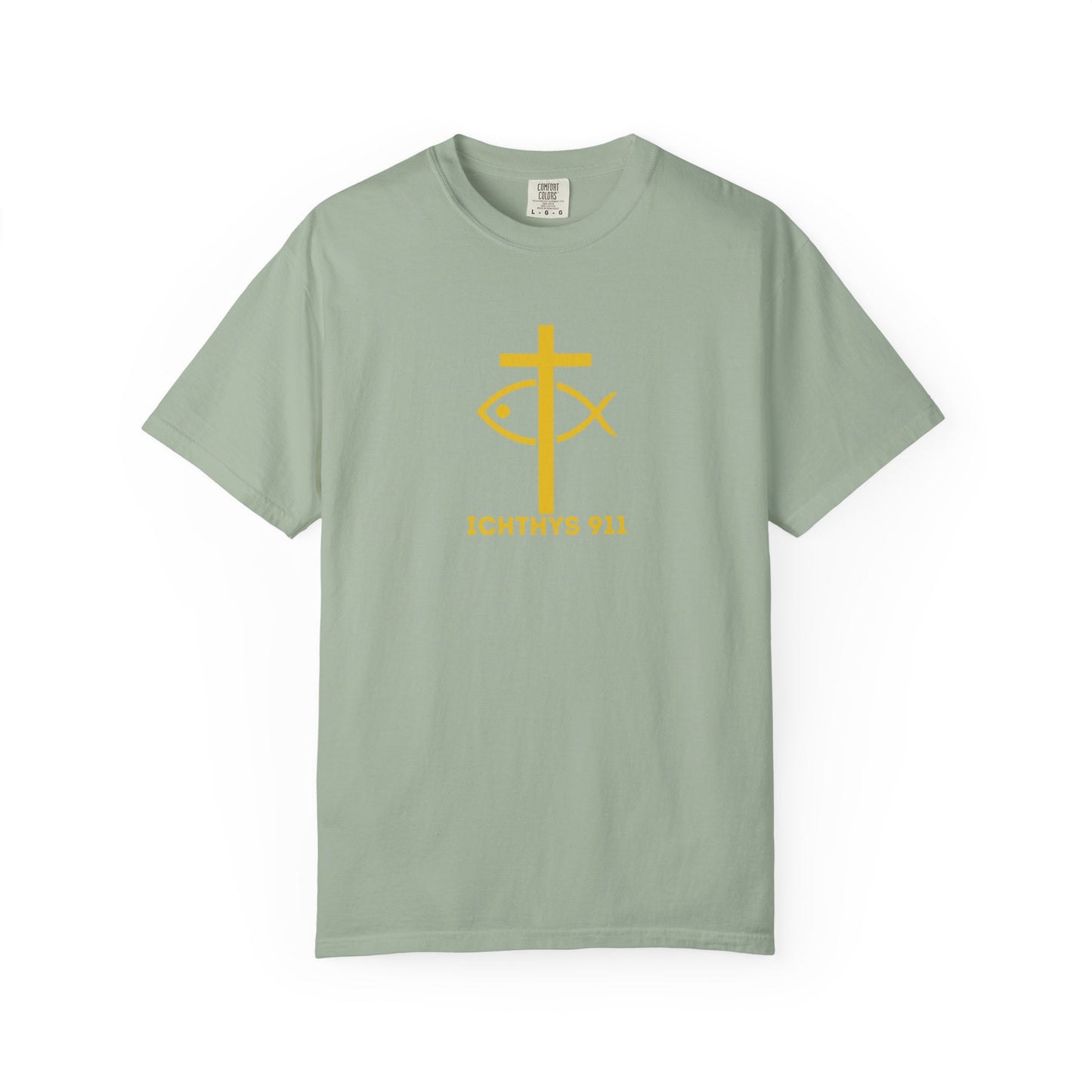 "Jesus Christ Son of God Savior" - Gold Font - Unisex Garment Dyed T- Shirt - Men T-Shirt - Women T-Shirt - Christian Streetwear T-Shirt – Jesus Gym & Faith Fashion,ICHTHYS 911 -