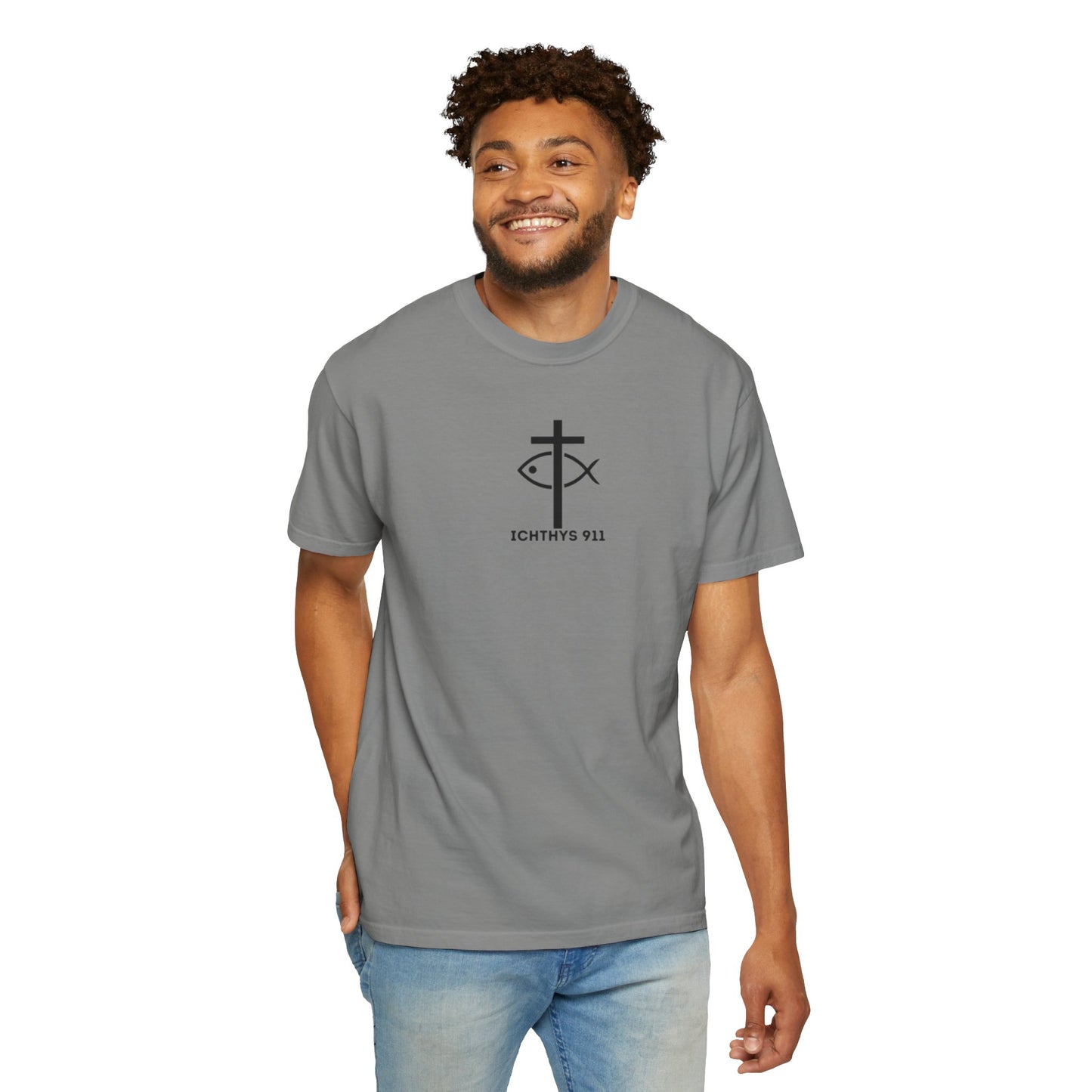 ICHTHYS 911 Black Font - "Run With Endurance Hebrews 12:1" - Unisex Garment Dyed T-Shirt -100% US Cotton - Men T-Shirt - Women T-Shirt - Bible Verse - Christian Faith - Christian Workout