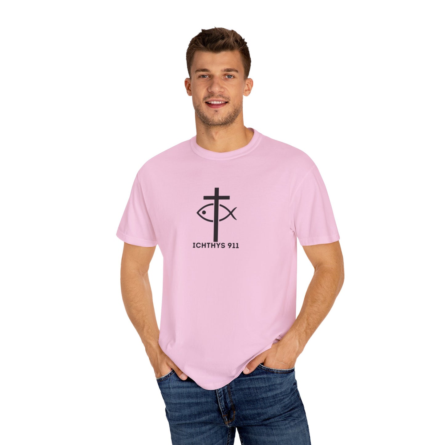 ICHTHYS 911 - Black Font - "Faith & Strength" - Unisex Garment - Dyed T-Shirt - Inspirational Graphic T-Shirt for Everyday Motivation - 100% US cotton - Men T-Shirt - Women T-Shirt