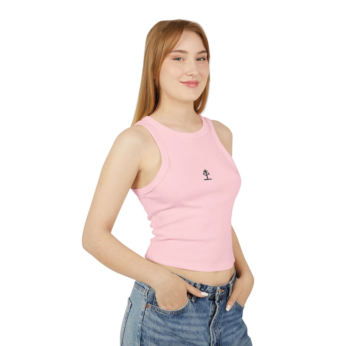 ICHTHYS 911 - Pink & Black Font "Iēsous Christos, Theou Yios, Sōtēr" - Faith-Inspired Women's Micro Rib Racer Tank Top - Cute Jesus Christ Design - Women Tank - Christian - Work Out