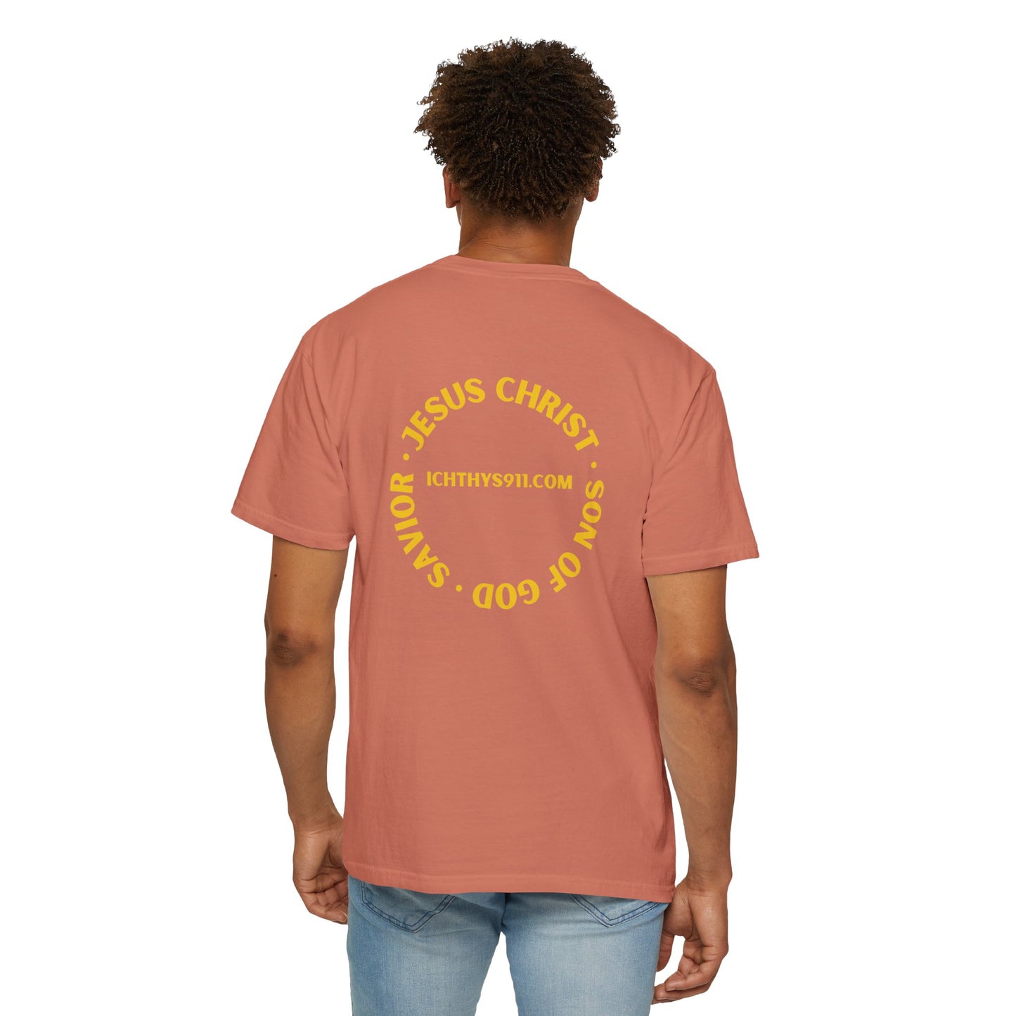 ICHTHYS 911 - "Jesus Christ Son of God Savior" - Gold Font - Unisex Garment Dyed T- Shirt - Men T-Shirt - Women T-Shirt - Christian Streetwear T-Shirt – Jesus Gym & Faith Fashion